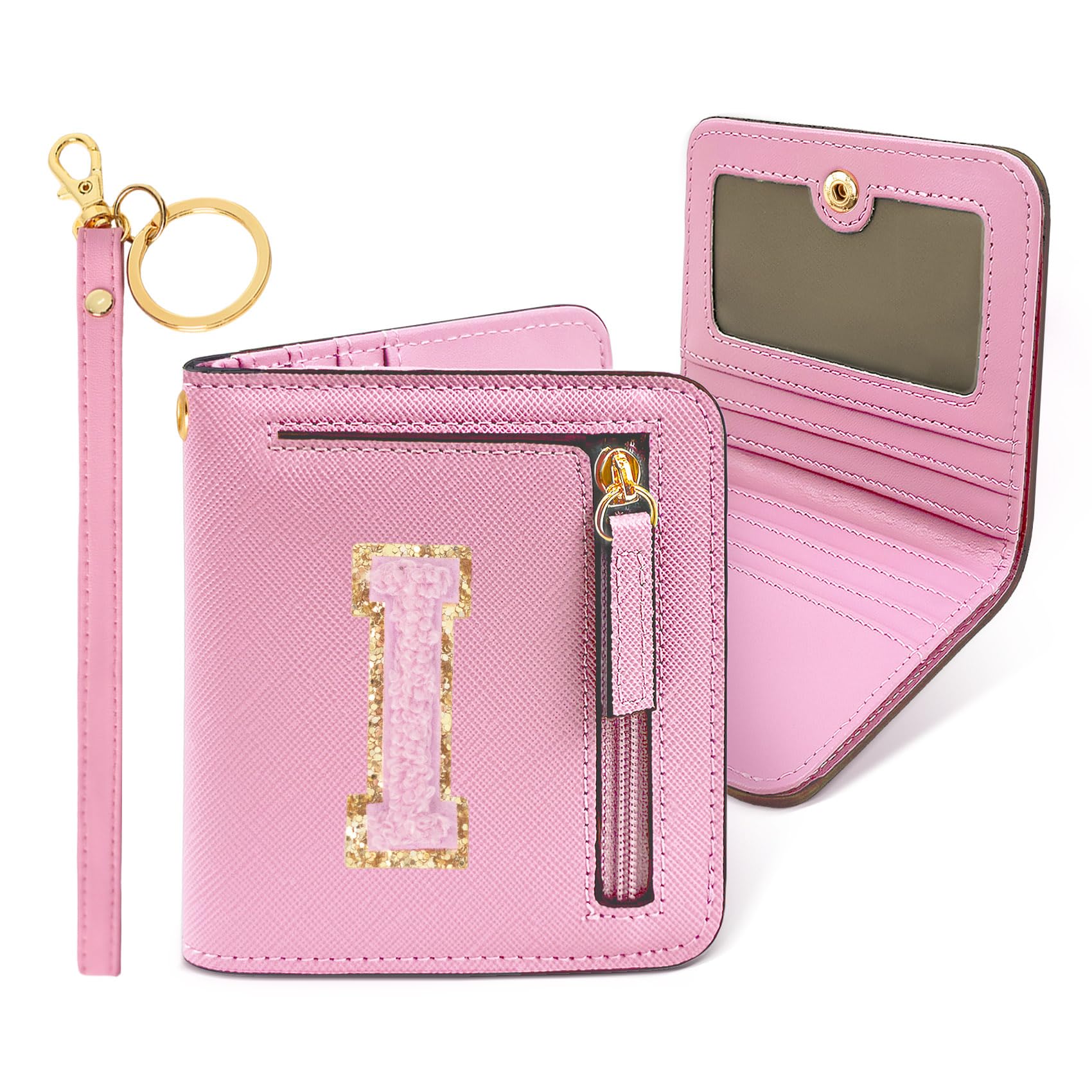 COSHAYSOO Preppy Wallet Gifts for Teen Girls Women Small Wallet RFID Bifold PU Leather Christmas Valentines Easter Mothers Fathers Day Nurse Appreciation Graduation Gifts Chenille Letter I Pink