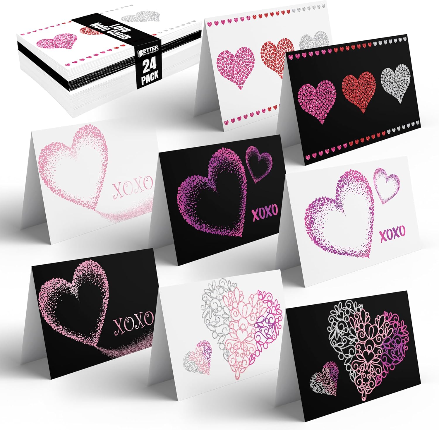 Better Office Products 24 Pack Glitter Heart Note Cards, Love Greeting Cards, 4 x 6 inch, 8 Extraordinary Metallic Foil Designs, Assorted Blank Note Cards, with Envelopes, 24 Count