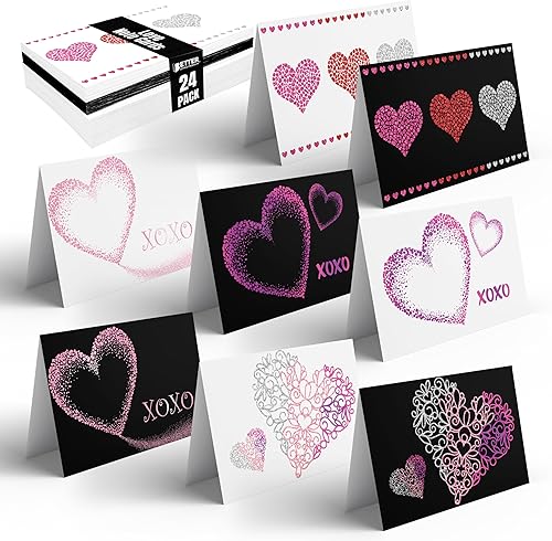 Better Office Products Paquete de 24 tarjetas de notas de corazón con purpurina, tarjetas de felicitación de amor, 4 x 6 pulgadas, 8 diseños