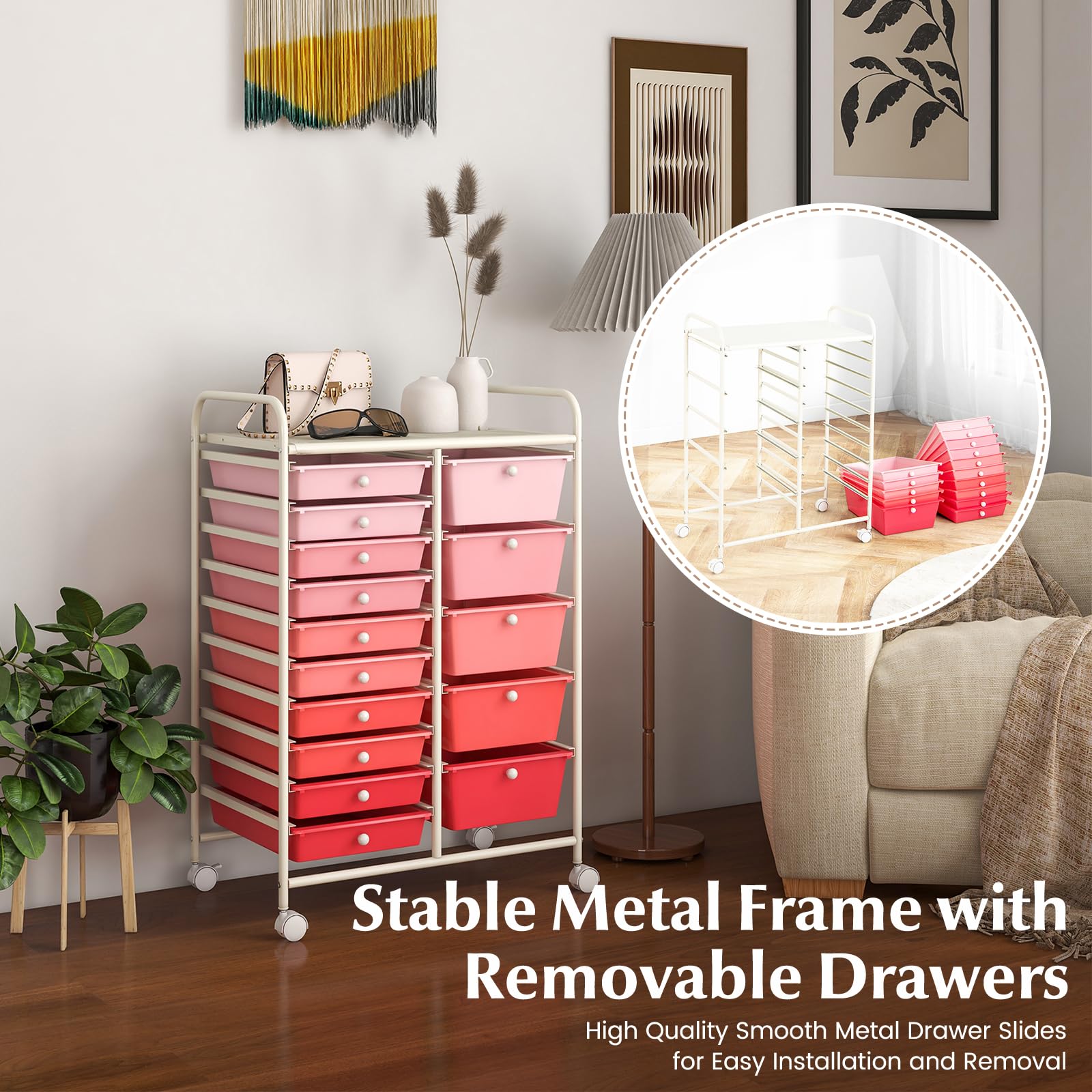 KOMFOTTEU Meuble à 15 Tiroirs à Roulettes Verrouillables, Chariot De Rangement En Plastique, Organisateur Pour Bureau, Salle De Bains, Salon ( Noir/Gris/Blanc 1.0