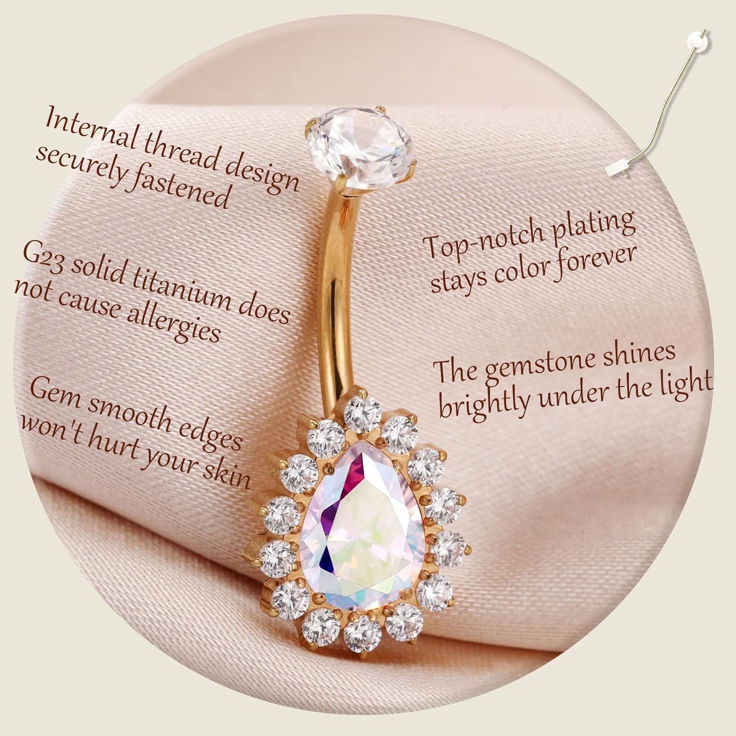 AROWRO Gold Belly Button Ring G23 Titanium Hypoallergenic 14G belly ring for Women Men Teardrop Navel Piercing Jewelry 10mm Barbell With Cubic Zircon - Image 2