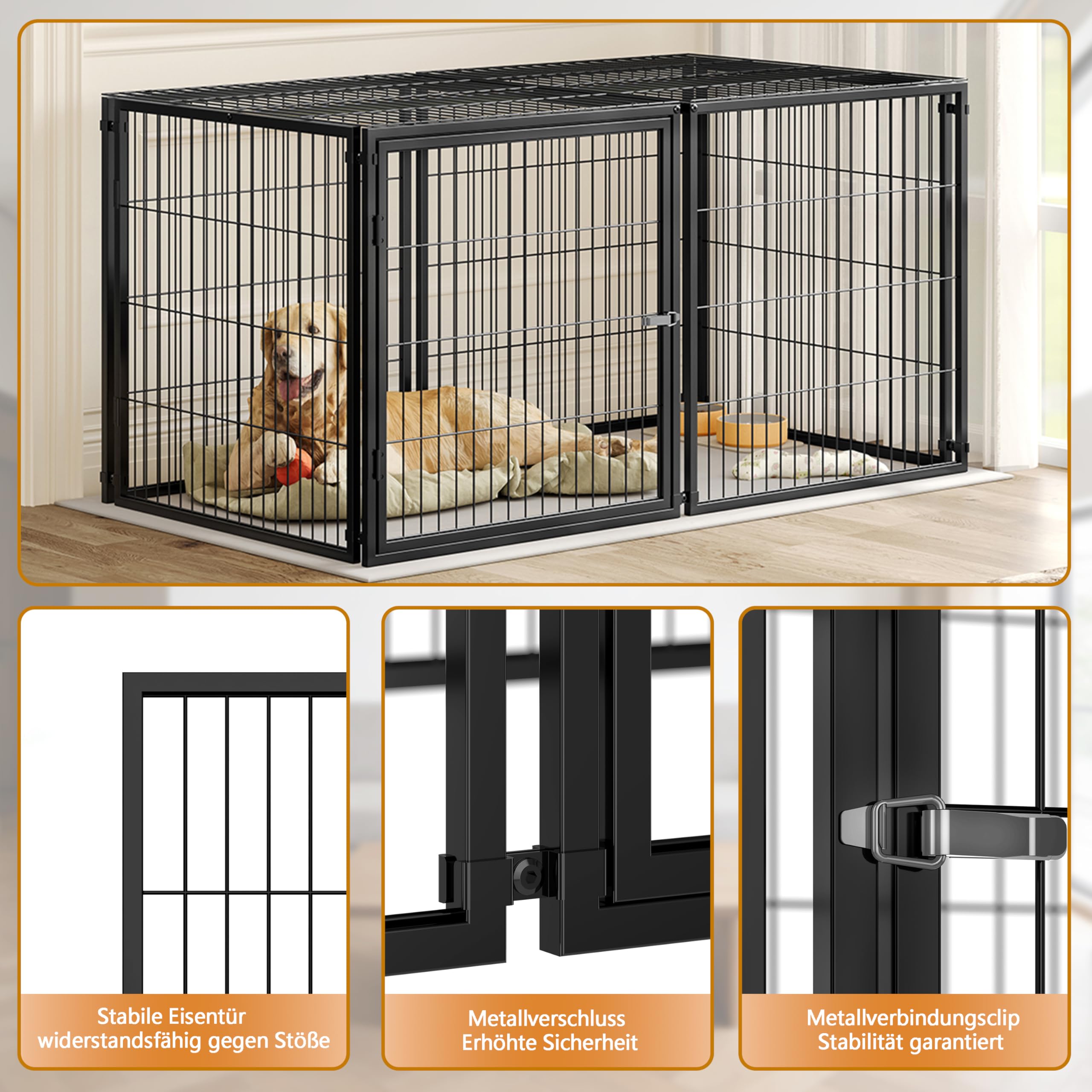 Modulare Hundebox Für Zuhause Und Reise, Hundegehege Mit Sicherheitsdeckel Und Verstellbarem Zugang, Stahlkonstruktion Mit Rostschutz, PVC-Bodenmatte Für Kleine Bis Große Hunde (160x80x80cm)