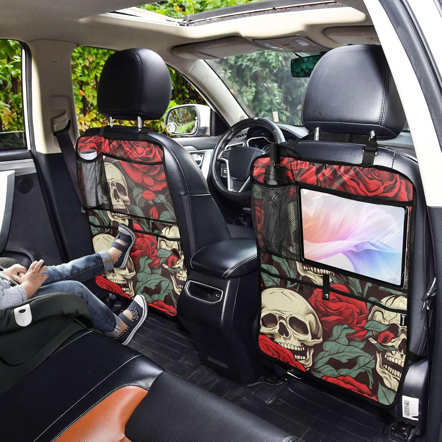 Car Seat Back Protector Skulls Roses Seamless Print, Backseat Organizer with Pockets for Tablet Bottle Tissue Book, Auto Kick Mats 25x18 IN 2 Pack