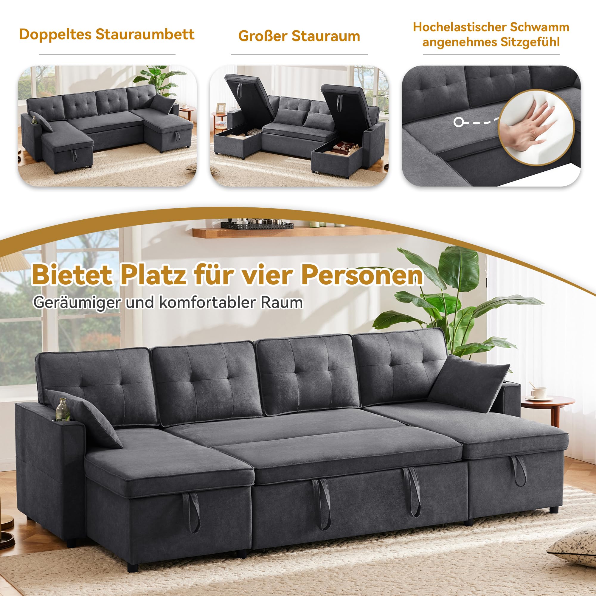 Design moderno, mobili imbottiti, divano a 4 posti, divano a forma di U, divano letto con funzione di sonno, tessuto di lino, con porta bevande, due alloggi, adatto per famiglie, soggiorni e altri