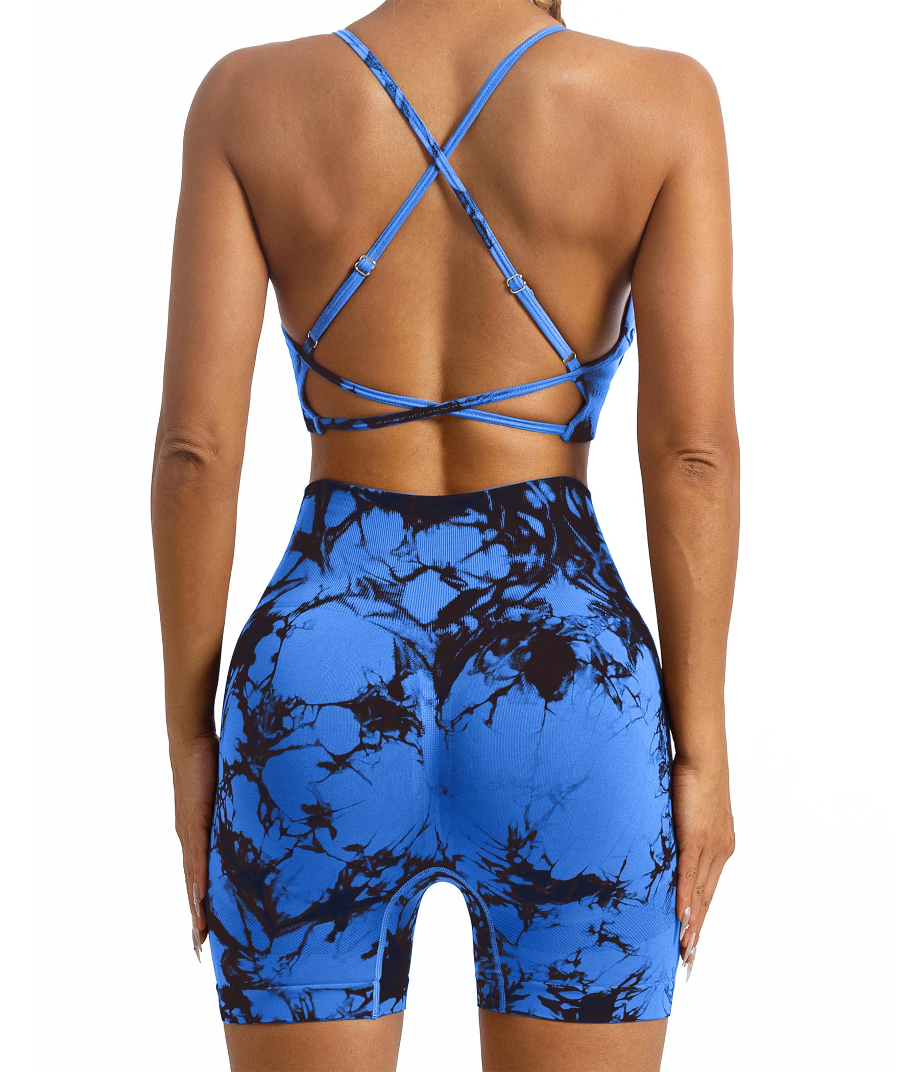 L9 OVESPORT 2 Piece Tie Dye Seamless Workout Sets for Women Outfits Backless Sports Bra Scrunch Butt Gym Yoga Booty Shorts