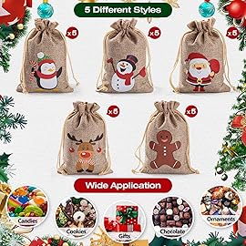 Homum 25 Pcs Christmas Burlap Gift Bags with Drawstring and Tags - 4x6 Inch Tiny Small Gift Bags for Xmas Candy and Christmas Supplies