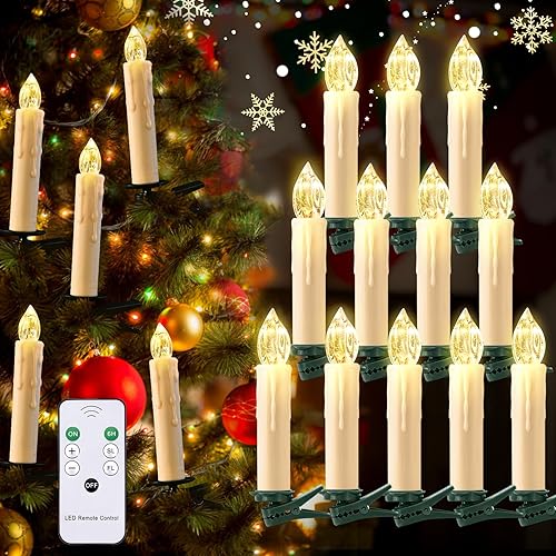 JOSU Velas sin llama, decoración de Navidad, 20 unidades, impermeables, funciona con pilas, velas LED cónicas flotantes, sin llama, brillo para