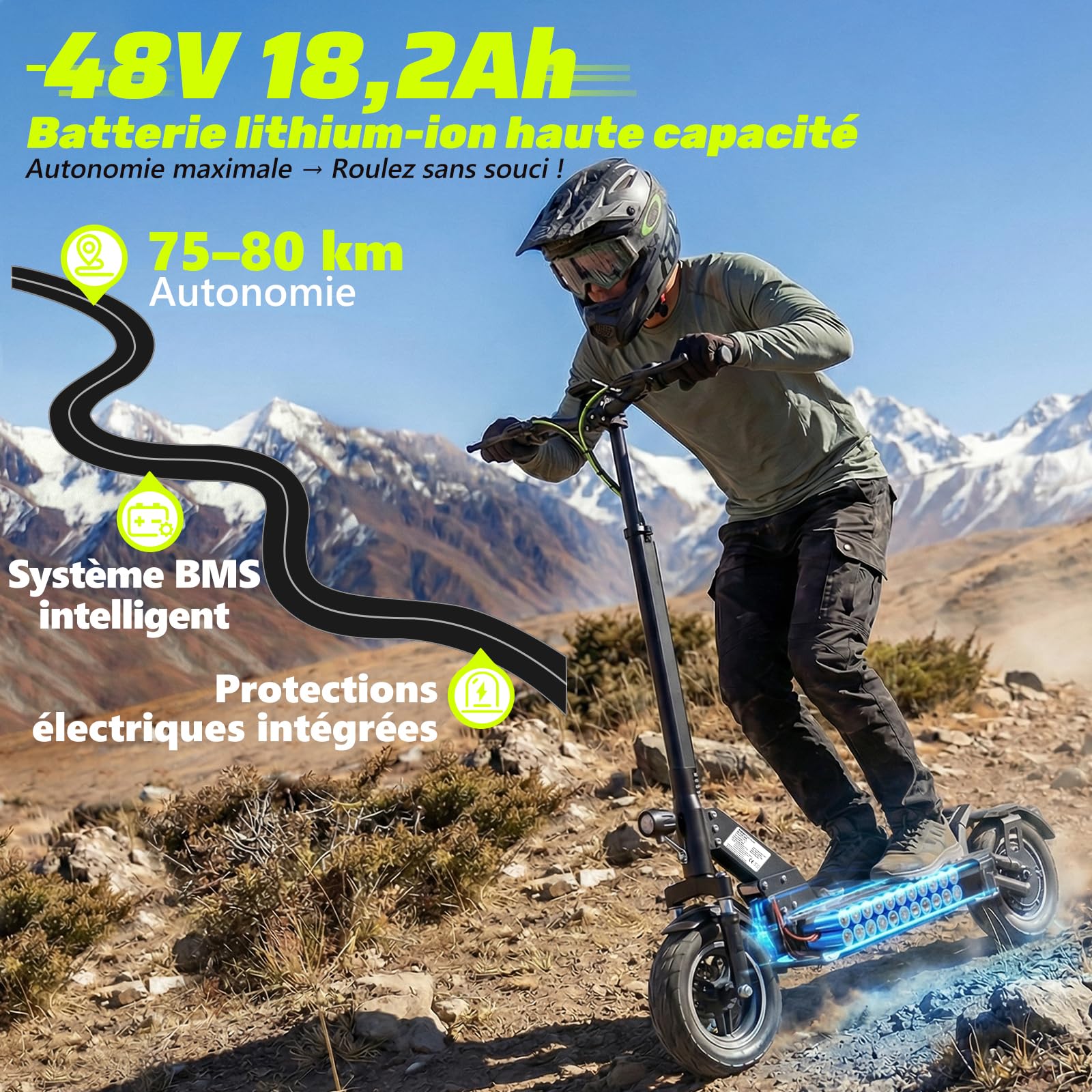 Trottinette Électrique Adulte Tout Terrain, Batterie 48V 18,2Ah Moteur 1000W*2, Puissante Pliable Grande Autonomie Double Suspension Antivol Ultra Légère avec Application, Scooter Electrique Adulte