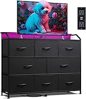 Vista 1 de WLIVE Cómoda LED para dormitorio, soporte de TV negro para dormitorio con luces LED y toma de corriente, cómoda ancha para pasillo, 8 cajones