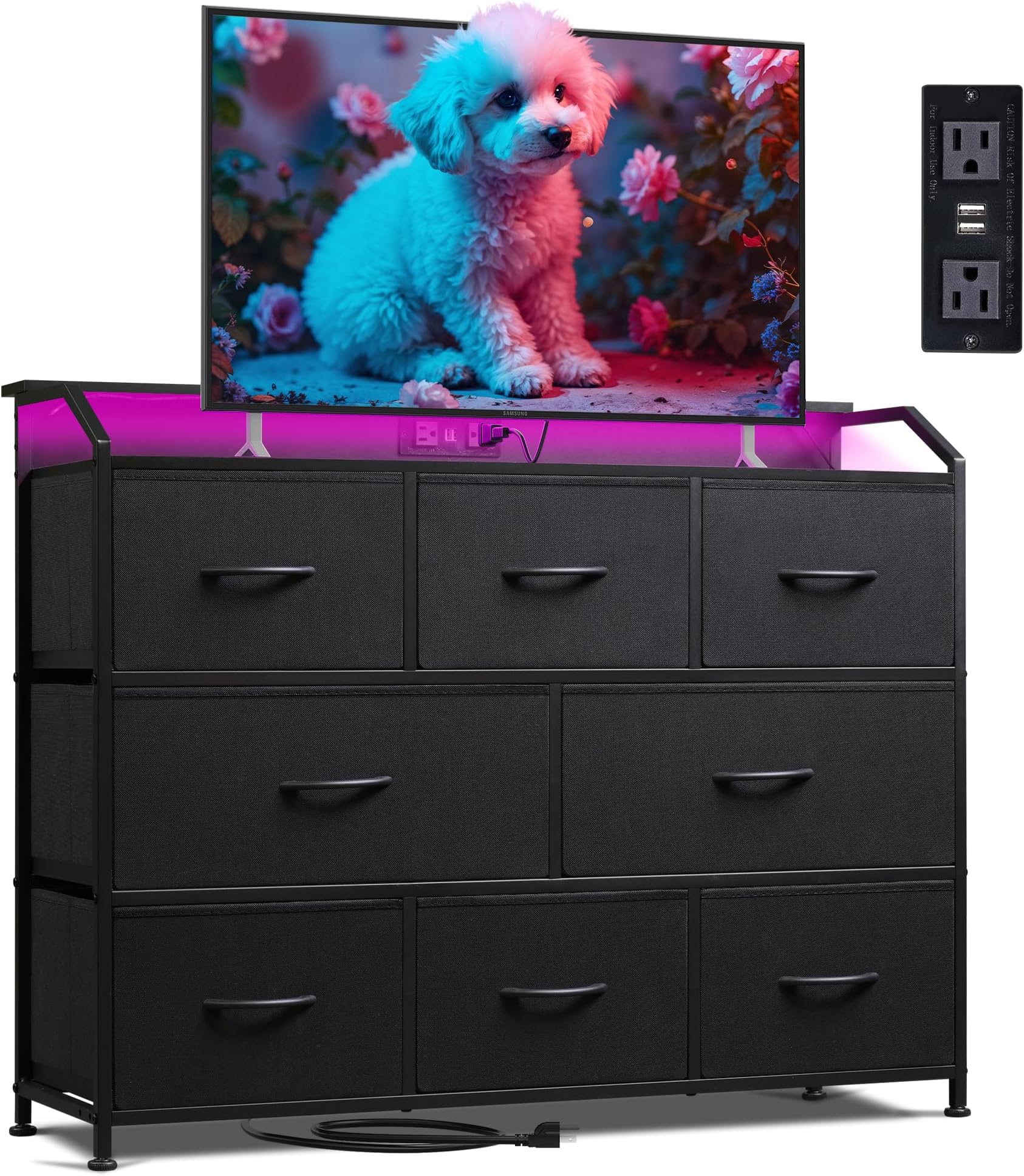 WLIVE Dresser for Bedroom, 8 Drawer LED Dresser with Outlet, Black
