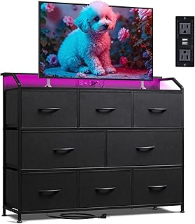 WLIVE Led Dresser for Bedroom, Black Dresser TV Stand for Bedroom with LED Lights and Power Outlet, Wide Chest of Drawers for Hallway, 8 Fabric Drawers for Living Room and Entryway, Easy to Assemble