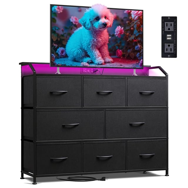WLIVE Led Dresser for Bedroom Black Dresser TV Stand for Bedroom with LED Lights and Power Outlet Wide
