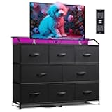 WLIVE Led Dresser for Bedroom, Black Dresser TV Stand for Bedroom with LED Lights and Power Outlet, Wide Chest of Drawers for Hallway, 8 Fabric Drawers for Living Room and Entryway, Easy to Assemble