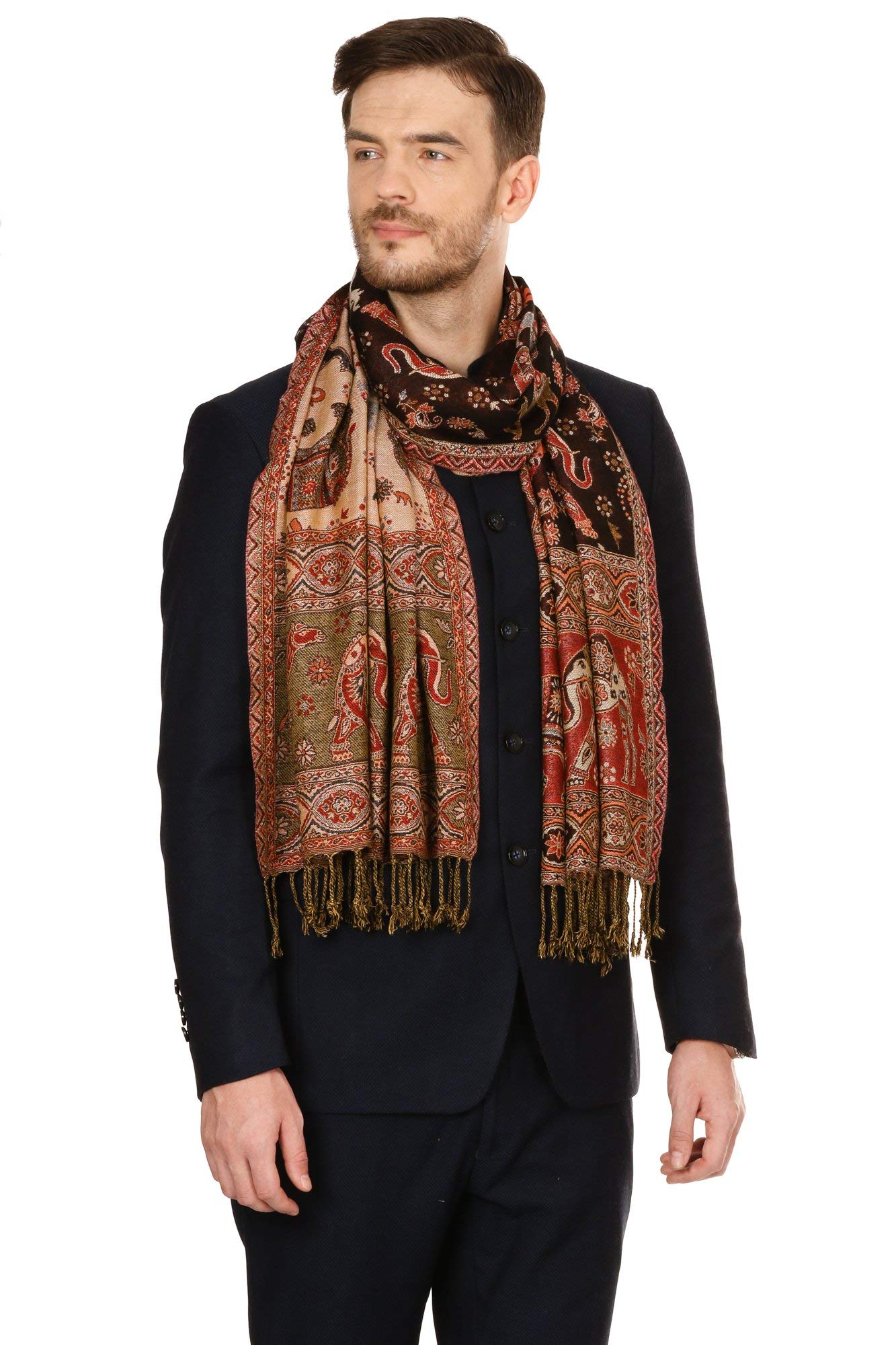 Pashtush Men's fine Soft Ethnic Self Design Wool Stole - (Brown) 2