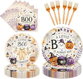96 Pcs Halloween a Little Boo Is Almost Due Baby Shower Plates Napkins and Forks, Halloween Theme Disposable Paper Tableware Set Decorations, Little Boo Party Supplies, Serves 24 Guests
