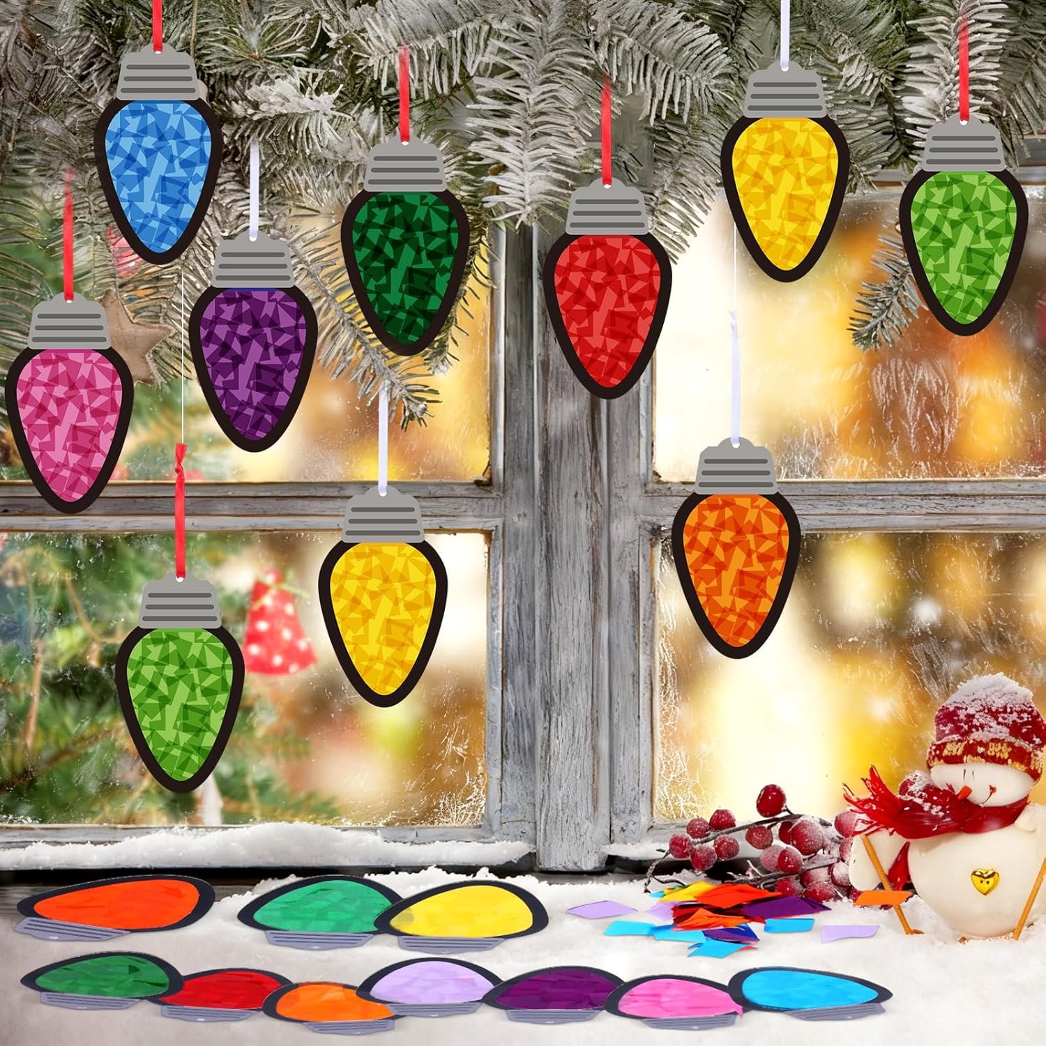 Funrous 32 Set Christmas C9 Lights Suncatchers Crafts Kit Xmas Colorful Light Bulbs Craft Tissue Paper Sign DIY Hanging Ornaments Window Art Decor for Christmas Winter Home Classroom Party Decorations