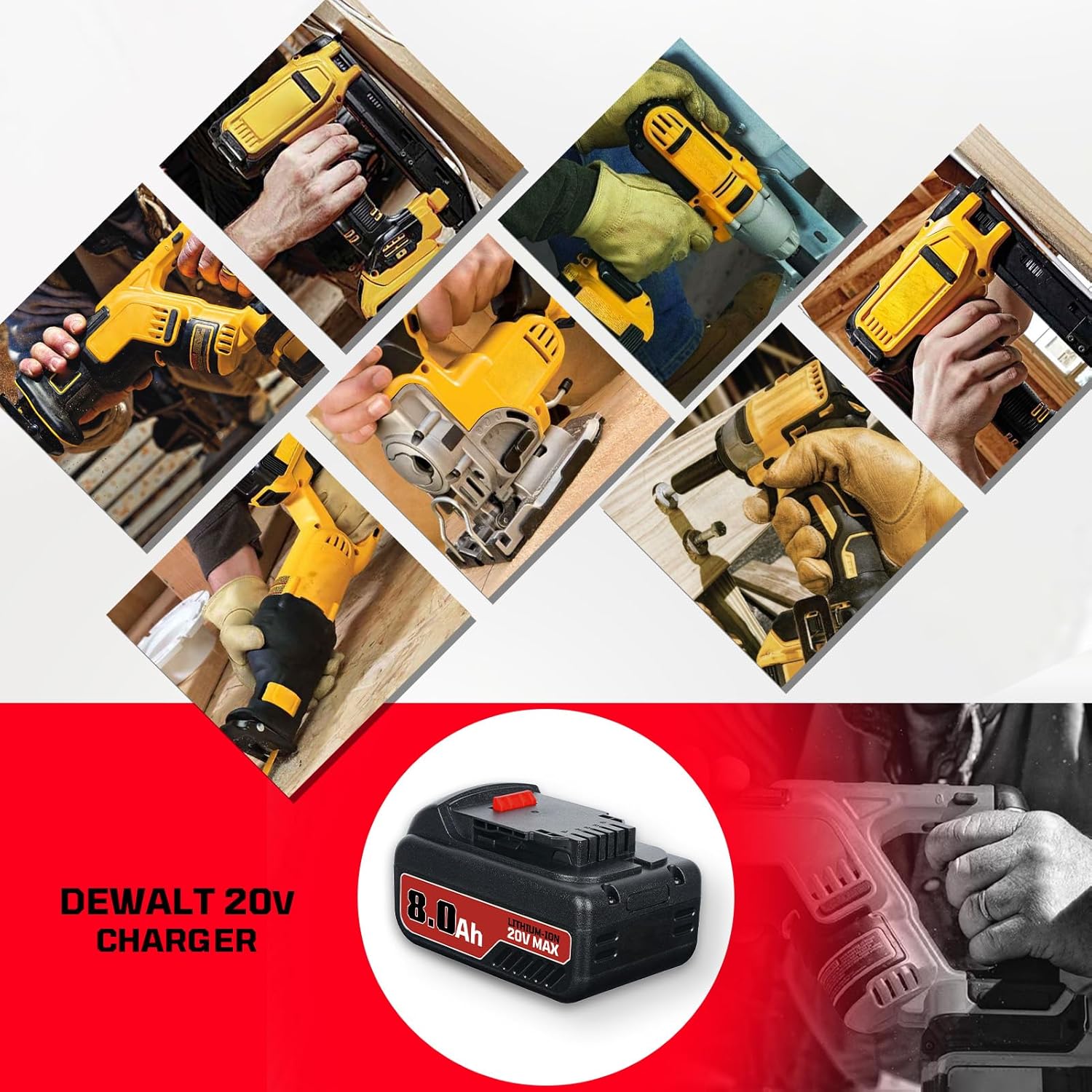 4Pack 8.0Ah Replacement for Dewalt 20v MAX Battery Compatible with Dewalt 20v Battery DCB206 DCB204 DCB200 Lithium Ion Replacement for 20 Volt Battery Cordless Power Tools