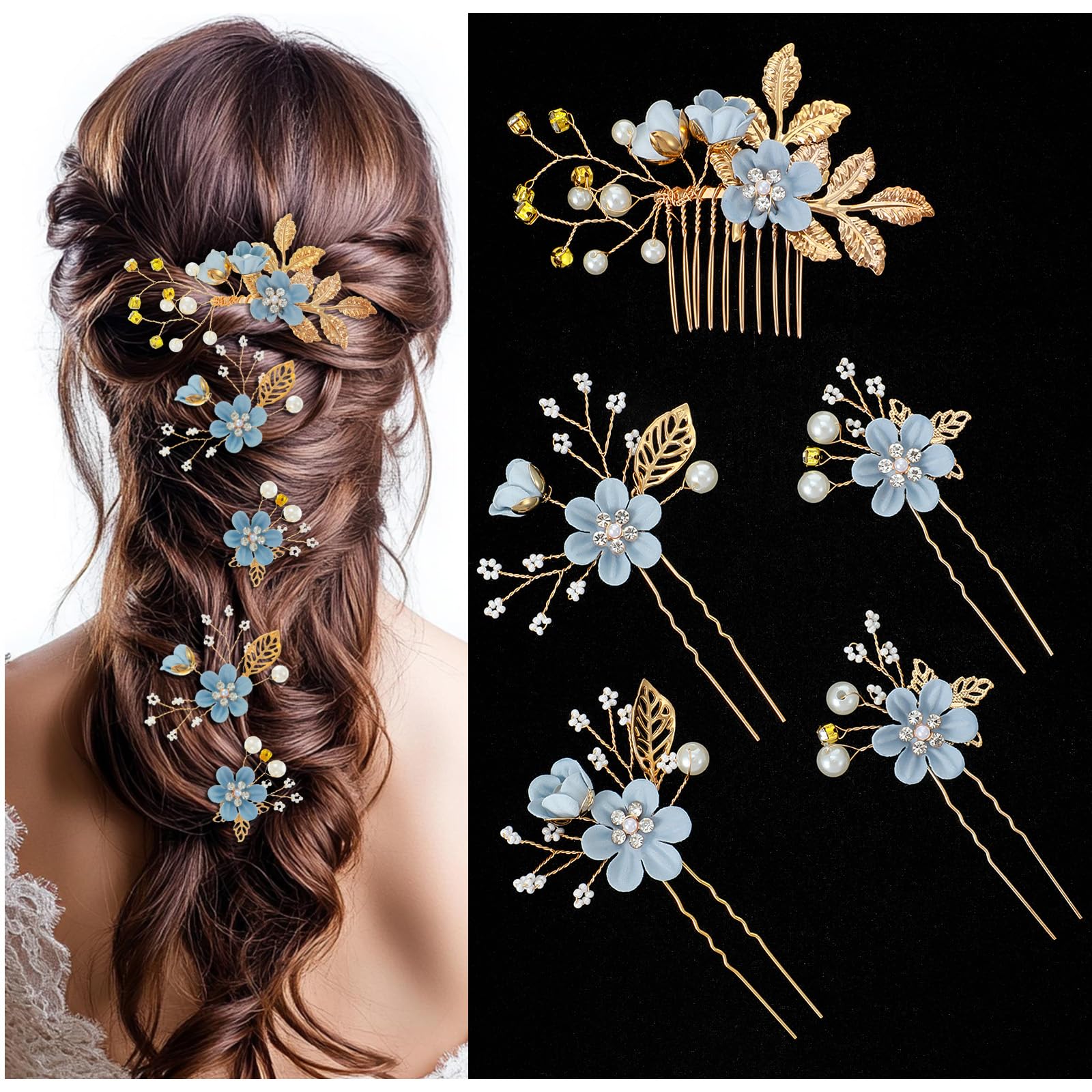 5PCS Bridal Flower Wedding Hairpins Crystal Pearl Headpiece, Blue