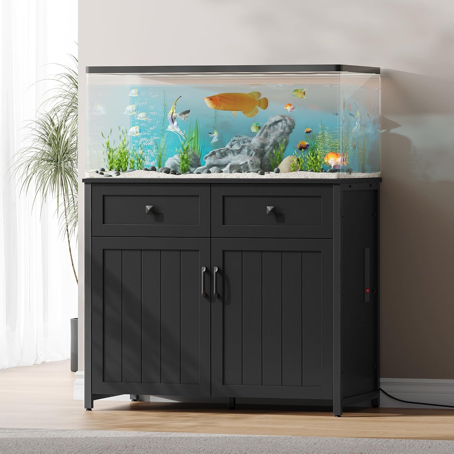 Pipleo 40-50 Gallon Aquarium Stand with Power Outlets, Cabinet for Fish Tank Accessories Storage, Heavy Duty Metal Fish Tank Stand Suitable for Turtle Tank, Reptile Terrarium, 660LBS Capacity, Black