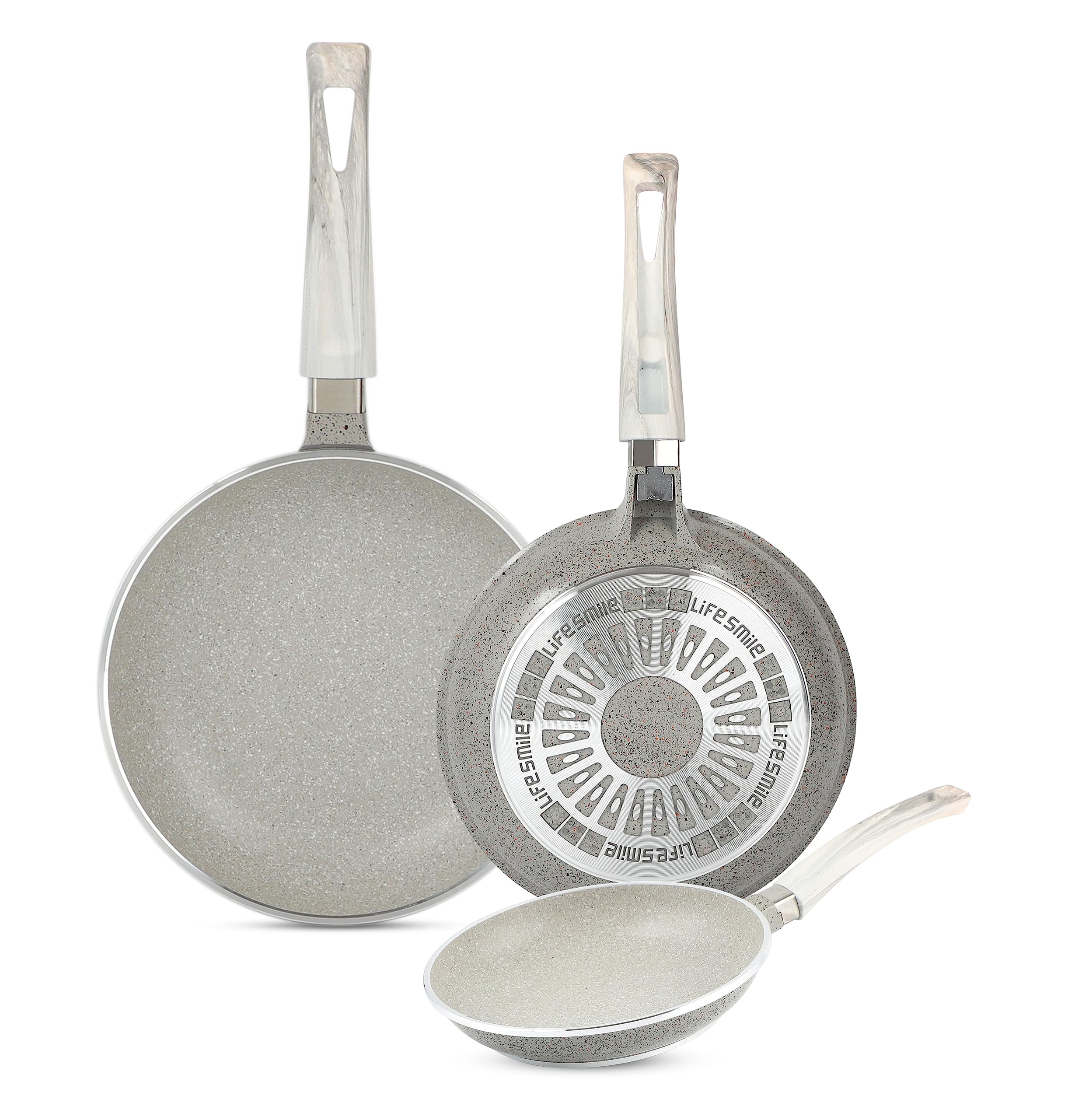 LIFE SMILEFrying Pan Set - Multi Layer Granite Coating Fry Pan | Include 20 CM, 24 CM, 28 CM Non Stick Pan | Heat-Resistant Handle Hanging Loop (Dark Grey)