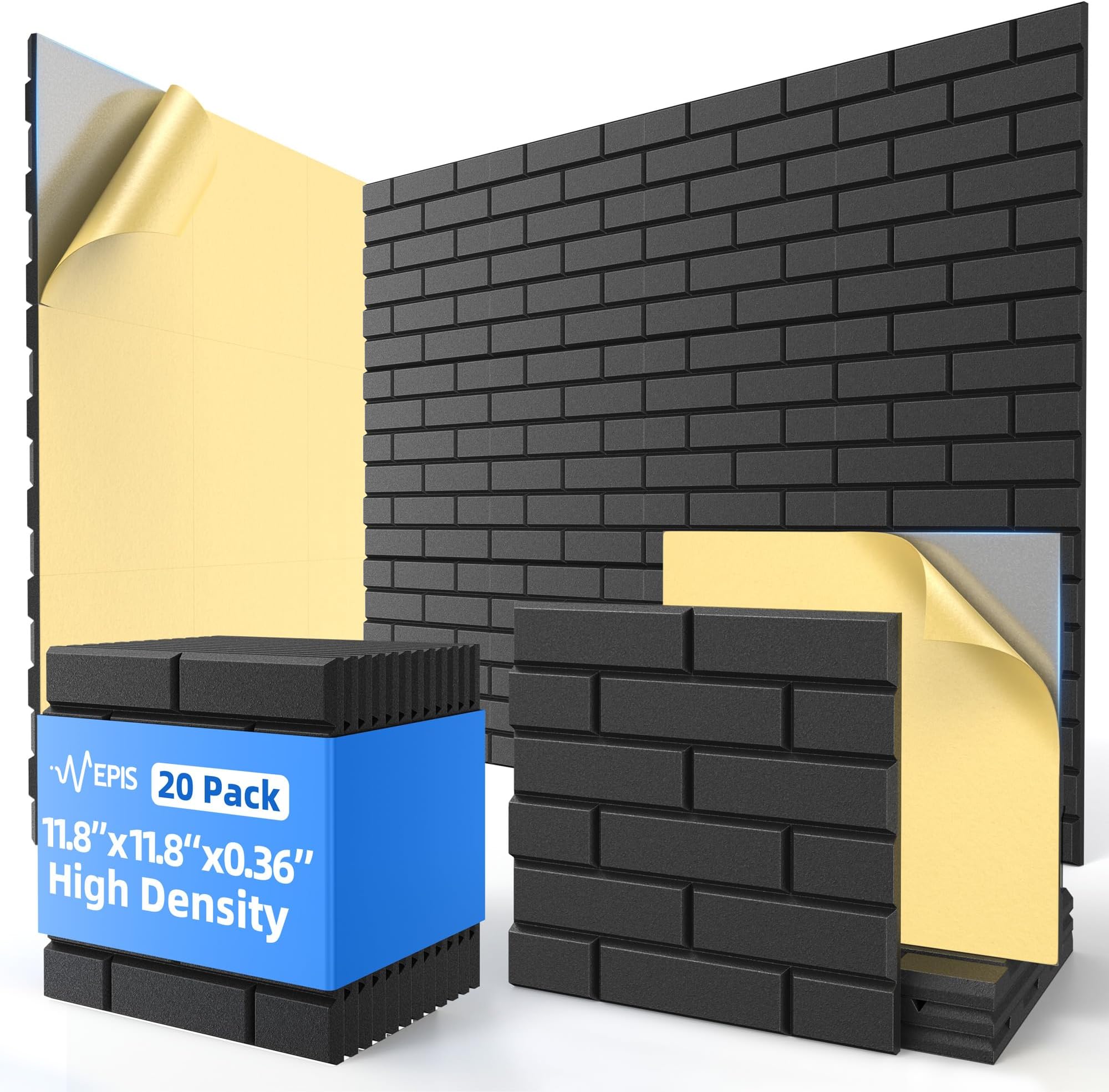 20 Pack Acoustic Panels with Self Adhesive, 11.8" X 11.8" X 0.36" High Density Sound Proof Foam Panels for Wall, Soundproof Wall Panel, Brick Sound Absorbing Panel for Home Studio Office Decor - Black