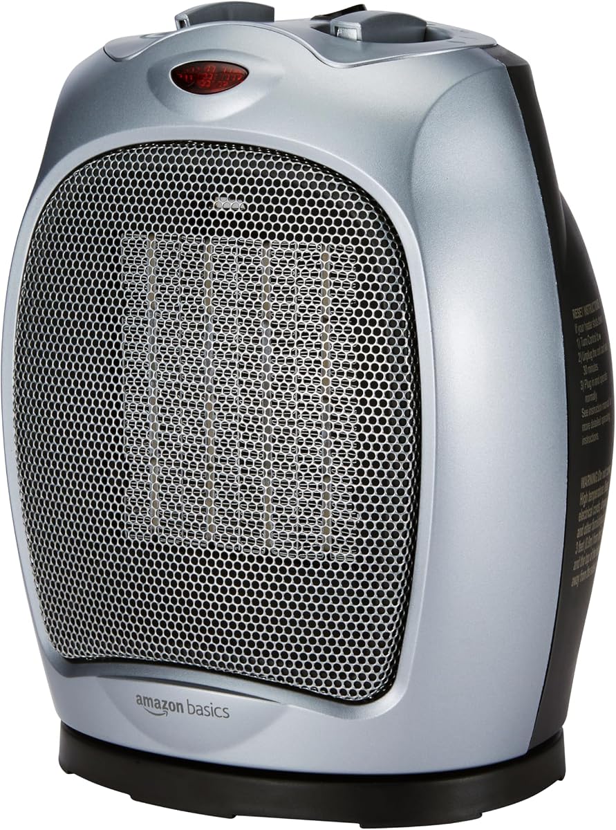 Calentador portátil de cerámica oscilante para interiores, tecnología de calentamiento rápido, protección contra sobrecalentamiento y vuelco, termostato ajustable, 1500 W, 7.52 pulgadas de profundidad x 6.34 pulgadas de ancho x 9.45 pulgadas de alto, plateado
