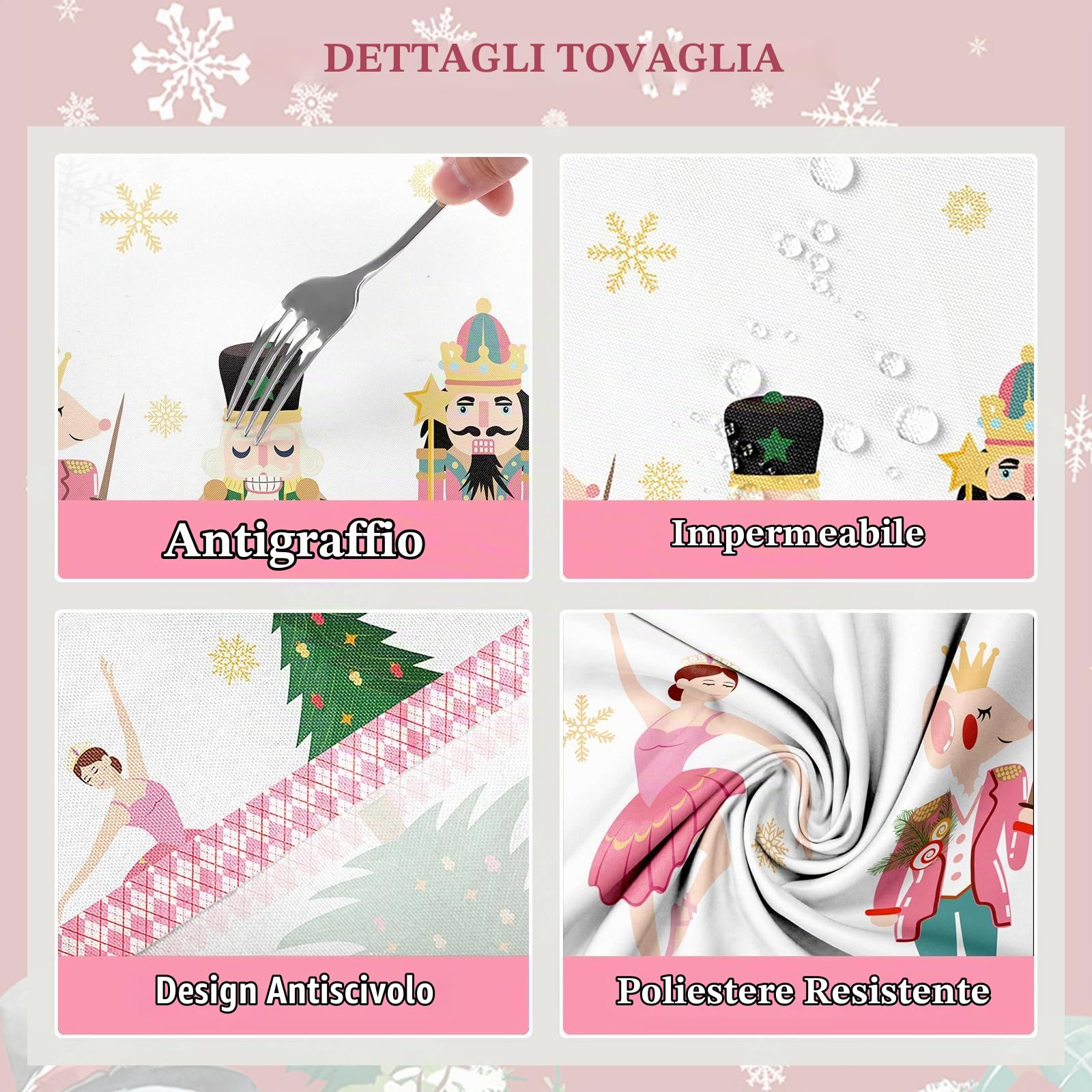 Tovaglia Natale Schiaccianoci Rosa Impermeabile, Tovaglie Rettangolare di Natale Resistente, Copritavolo Lavabile per Cucina Domestica Decorazione per Feste Autunno Inverno(152x304 Cm)