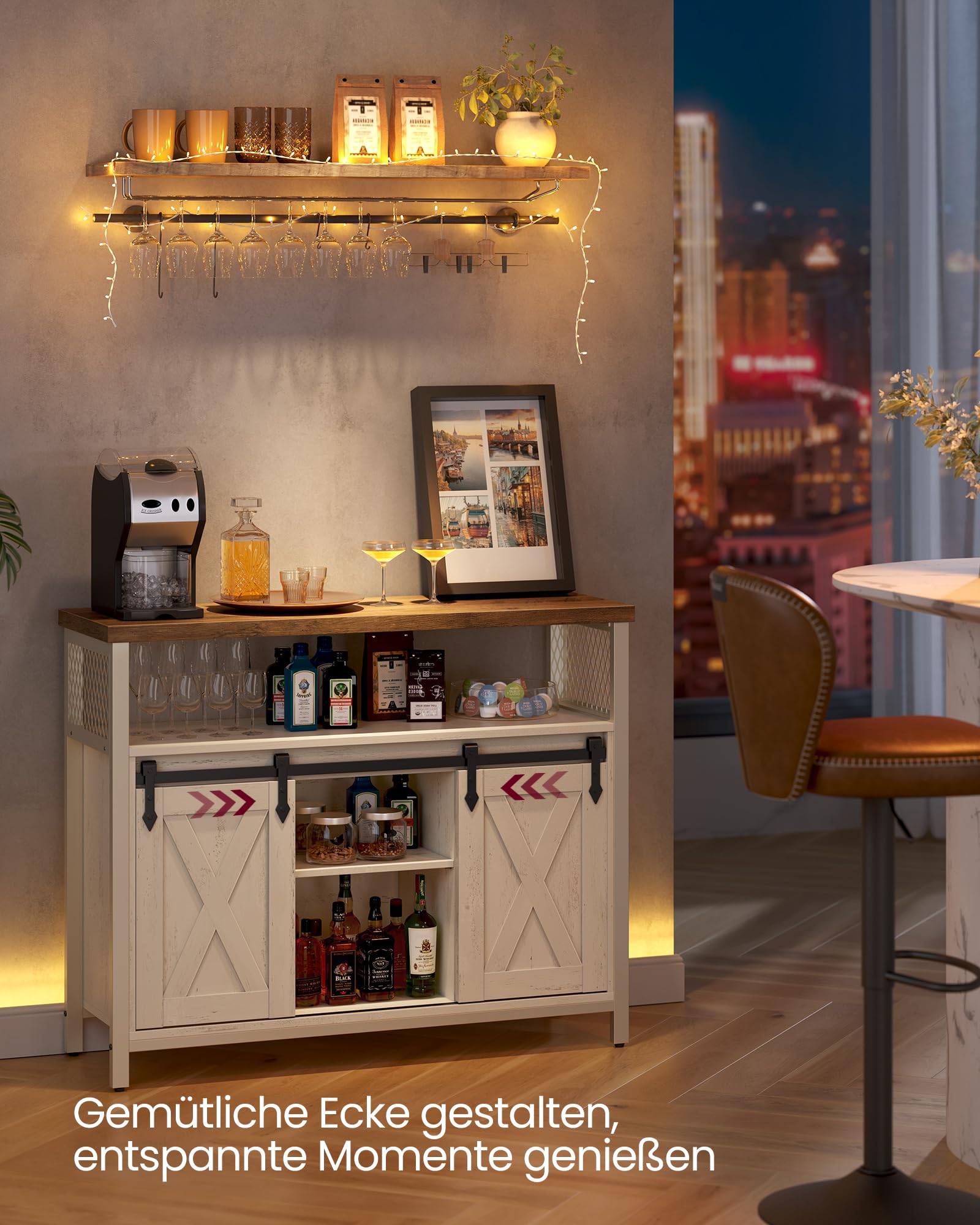 VASAGLE Sideboard, Küchenschrank, Aufbewahrungsschrank, mit 2 Schiebetüren, 33 x 100 x 80 cm, verstellbare Ablagen, für Wohnzimmer, wolkenweiß-honigbraun LSC092W01
