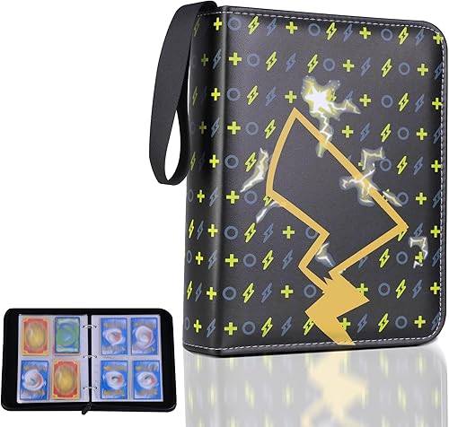 POWLIF Carpeta de tarjetas de 4 bolsillos, carpeta de tarjetas para tarjetas de juego y tarjetas comerciales deportivas (Thunder BLK)
