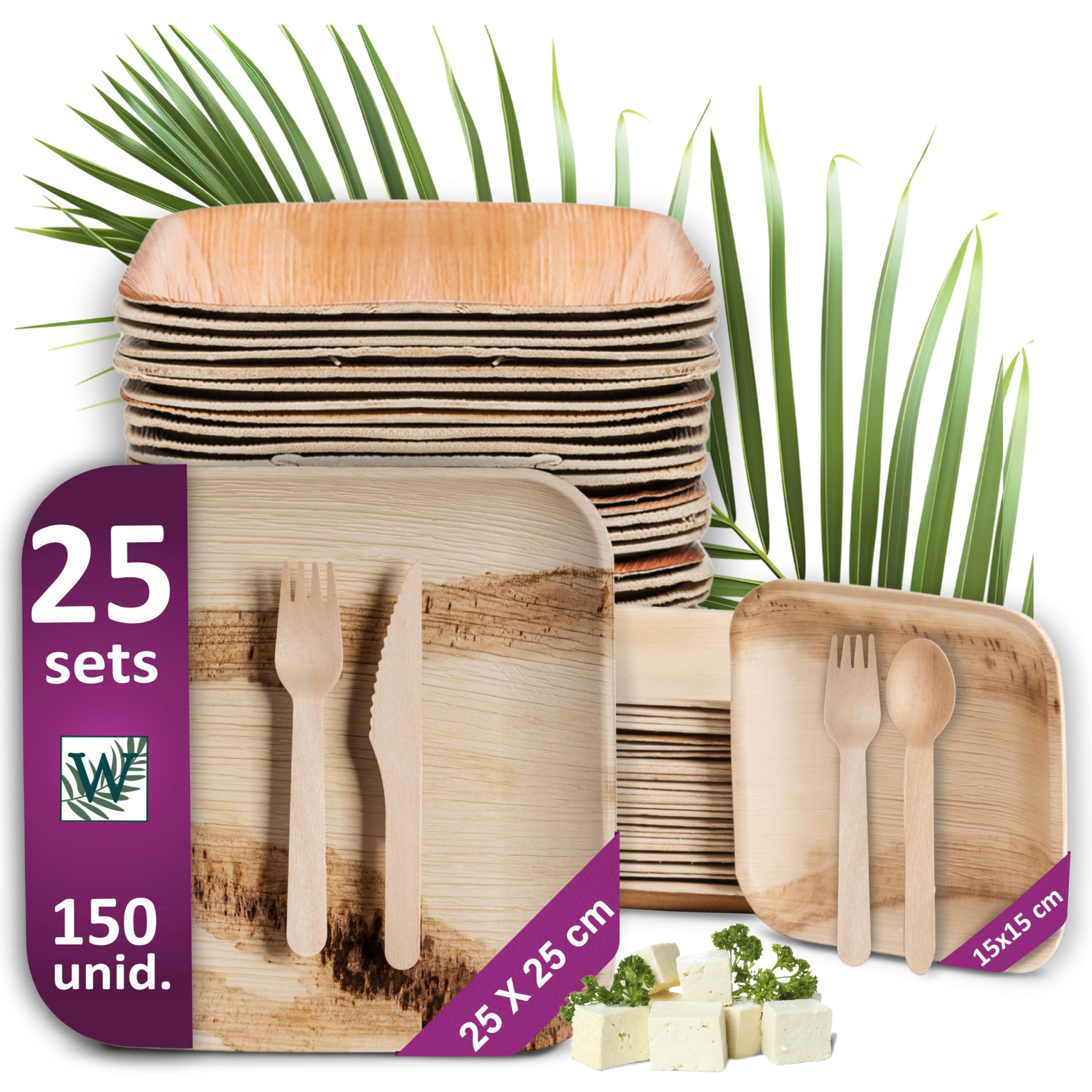 Platos Desechables de Hoja de Palma y Cubiertos de Madera - 25 Grandes y 25 de Postre, 50 Tenedores, 25 Cuchillos y 25 Cucharas - Vajilla Ecológica - Elegantes para Fiestas - similar al Bambu