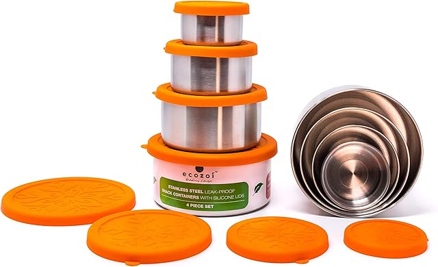 Ecozoi Leak Proof Stainless Steel Food Containers, 4 Pc Stackable Metal Lunch Box, Eco Friendly Lunch Box for Kids and Adults, Snack Containers with Reusable Cotton Travel Bag, Plastic Free Packaging