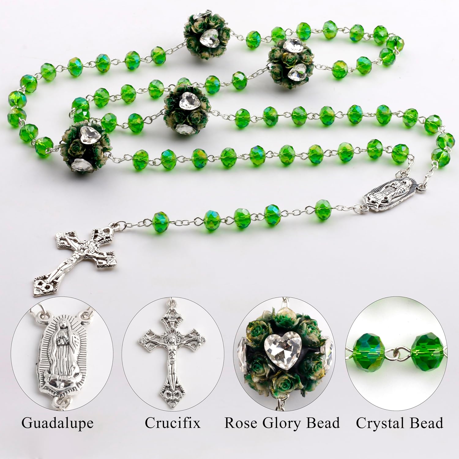 8mm Crystal Beads Guadalupe Catholic Rosary Necklace with Large Rose Glory Beads for Women in Velvet Bag - Image 5