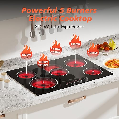 Miniatura 4 de Estufa eléctrica de 30 pulgadas, 5 quemadores de 8400 W, estufa eléctrica incorporada, placa de cerámica con zona expandida, control táctil