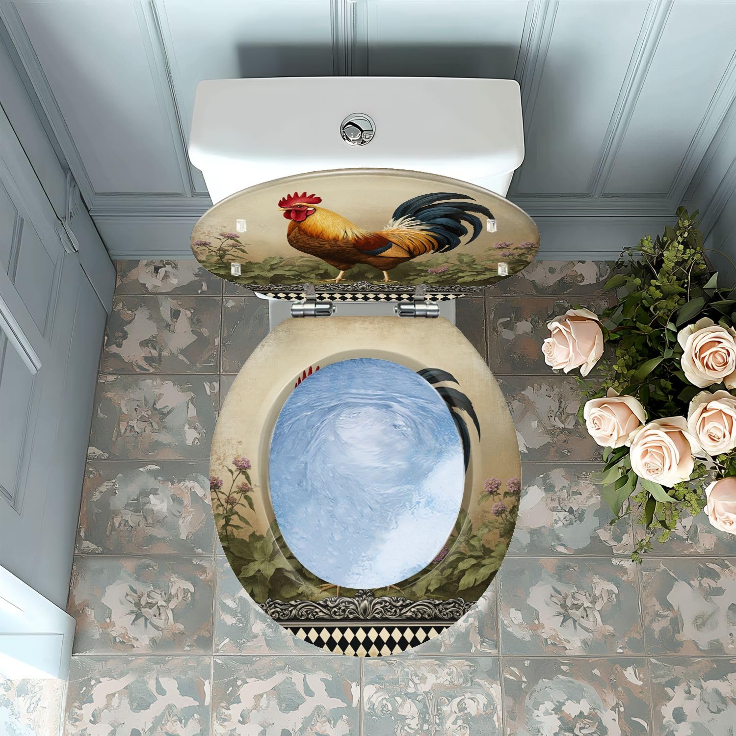 Asiento de inodoro redondo de resina para baños de estilo rústico.