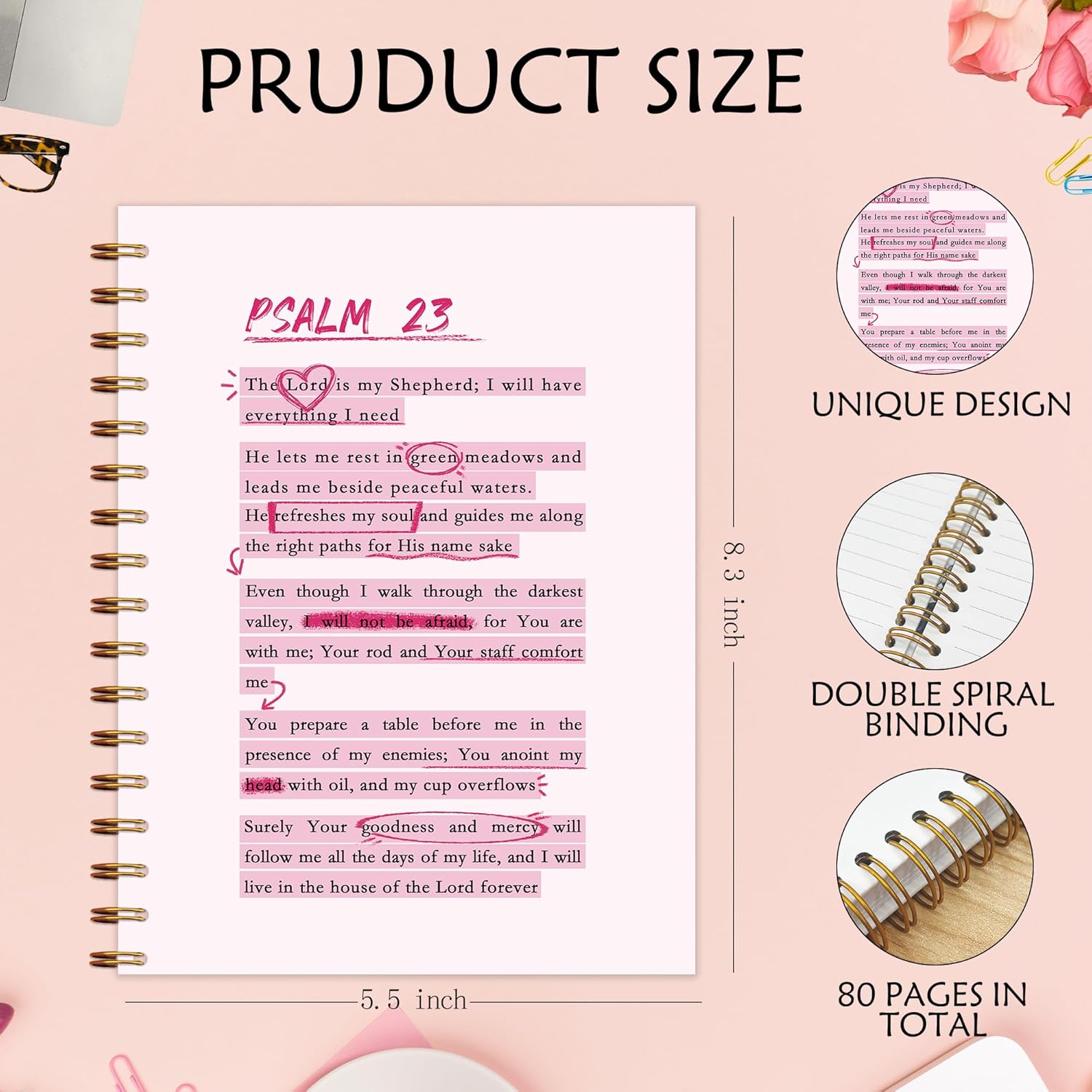 Qnhij Pink Christian Spiral Notebooks 5.5x8.3, Psalm 23 Bible Journaling Notebook, Religious Prayer Journals for Woman, Church Notes Journal, Scripture Journal, Christian Notebook for Women - Image 7