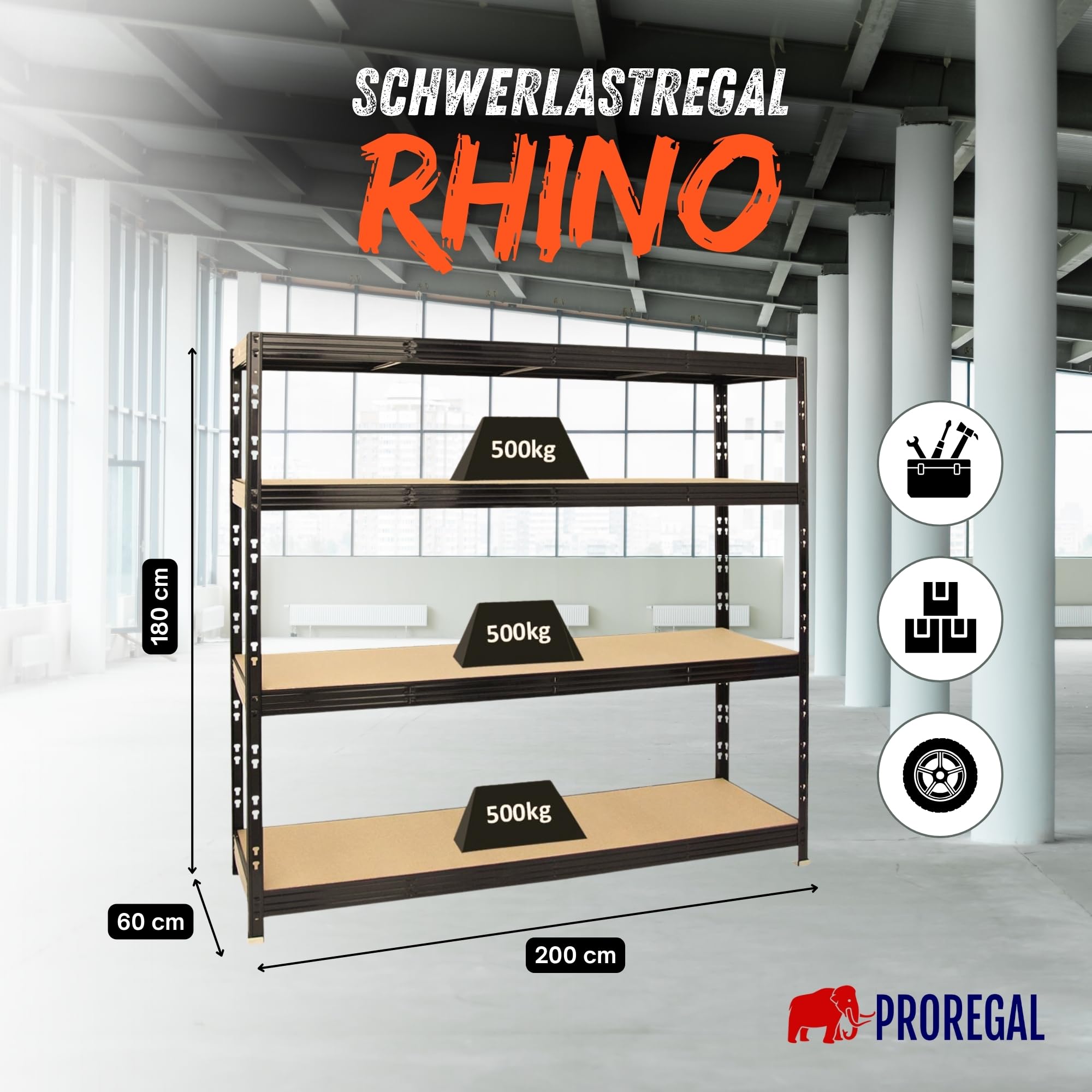 PROREGAL Scaffale professionale per carichi pesanti RHINO | AxLxP 180x200x60cm | 4 Ripiani in truciolato 8mm | Portata per ripiano 500kg | Nero