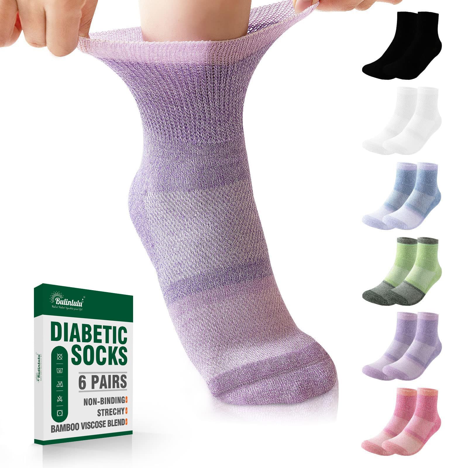 Bulinlulu Bamboo Viscose Diabetic Socks, 6 Pairs Non Binding Ankle Socks, Reinforced Toe, Size 6-9/9-11/13-15