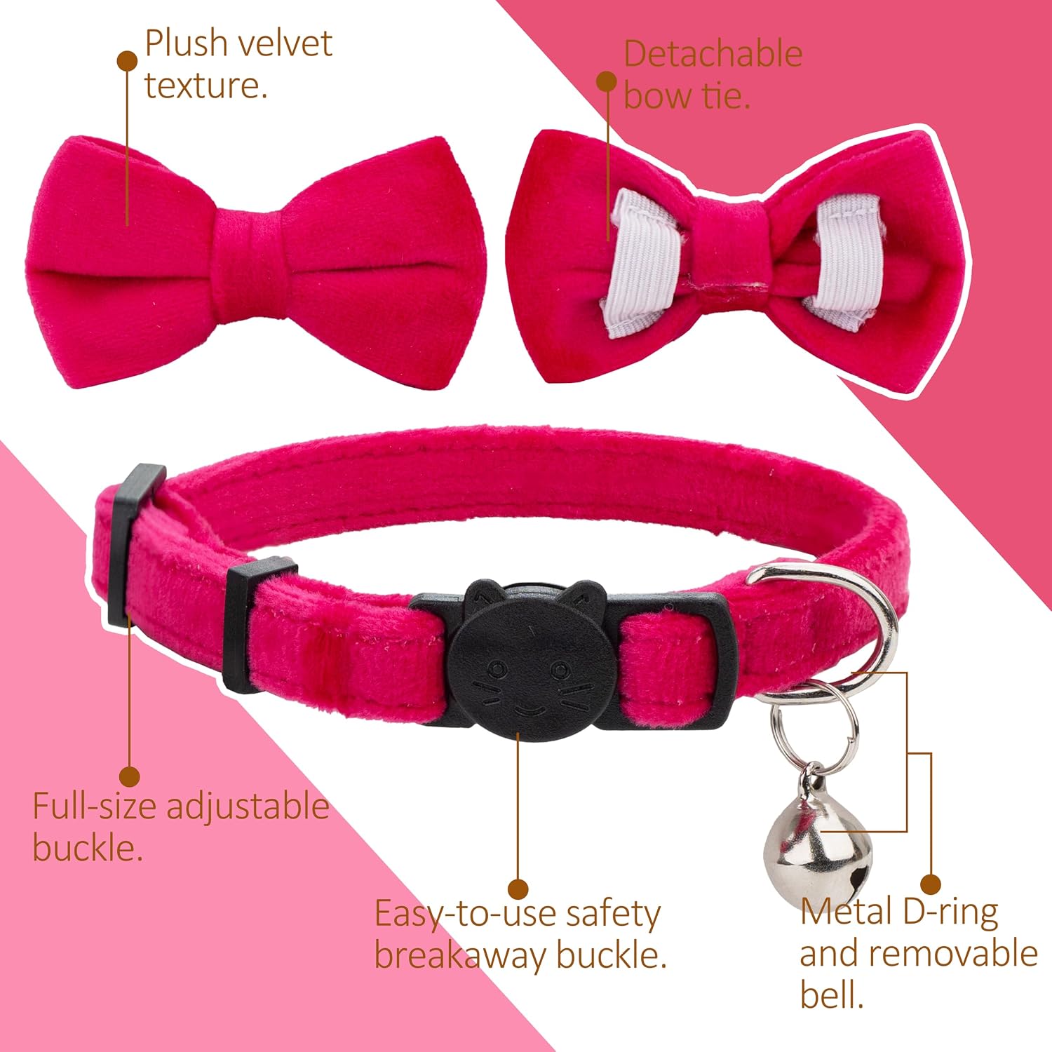 Cat Collar Soft Velvet with Bow Tie Bell Breakaway Safety Boy Girl Kitten Basic Pure Colors Male Female [1pc] Rose Red image 2