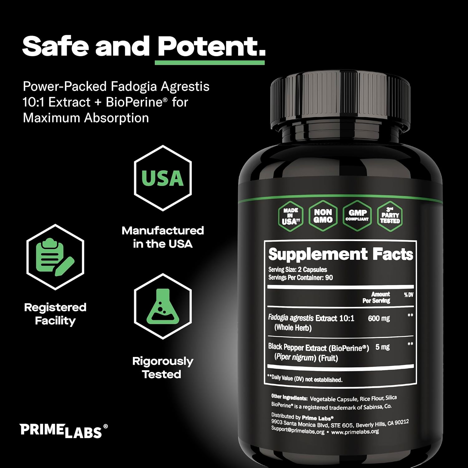 Prime Labs Fadogia Agrestis for Men - 600mg per Serving - Promotes Performance, Strength, & Energy - Non-GMO, Third-Party Tested, Made in The USA - 180 Capsules / 90-Day Supply - Image 6