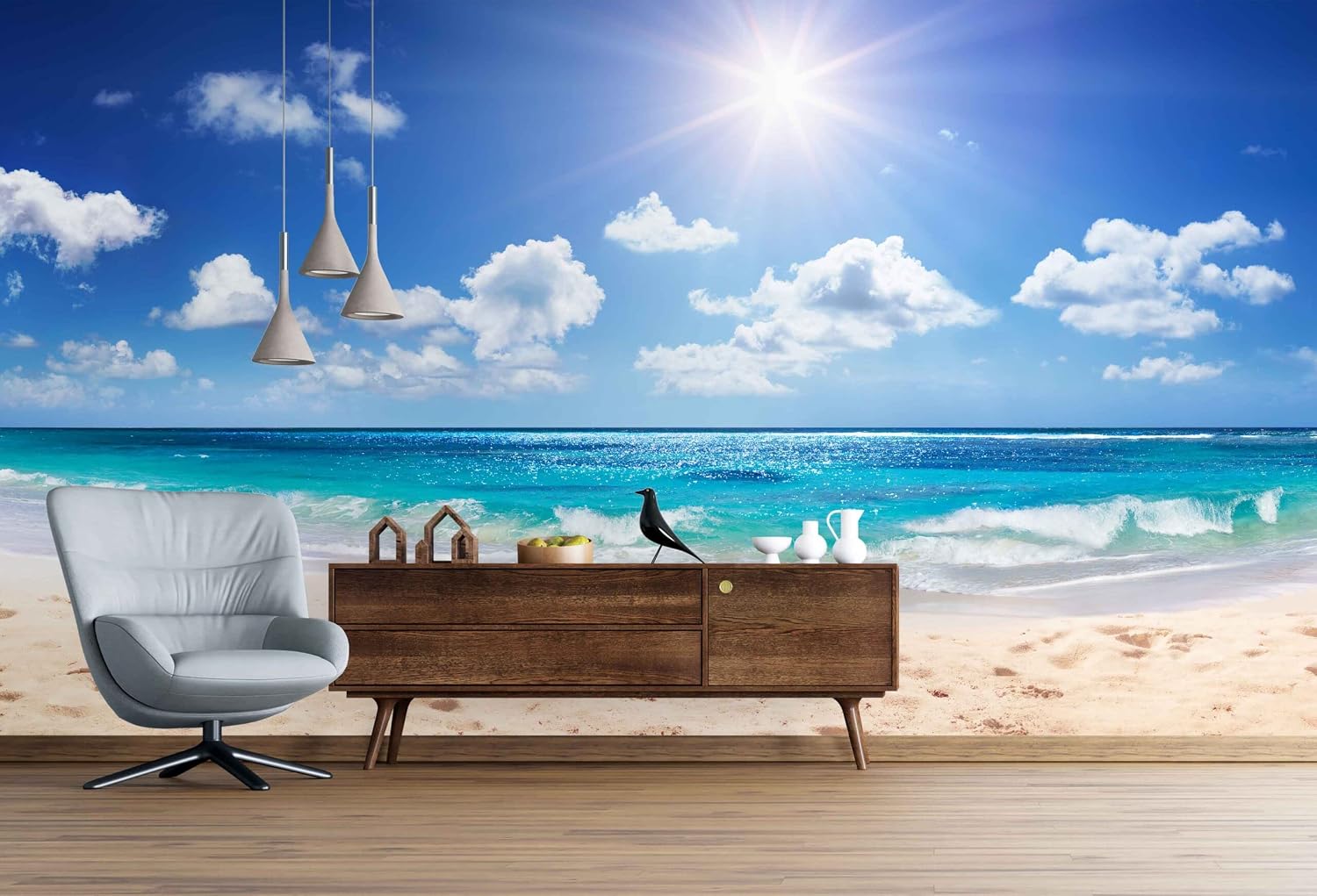 Myphotostation Tropical Peel and Stick Wallpaper Removable Self Adhesive Tropical Beach Wall Mural Sand Beach with Sun Over Ocean Wallpaper 204W x 114H Inches