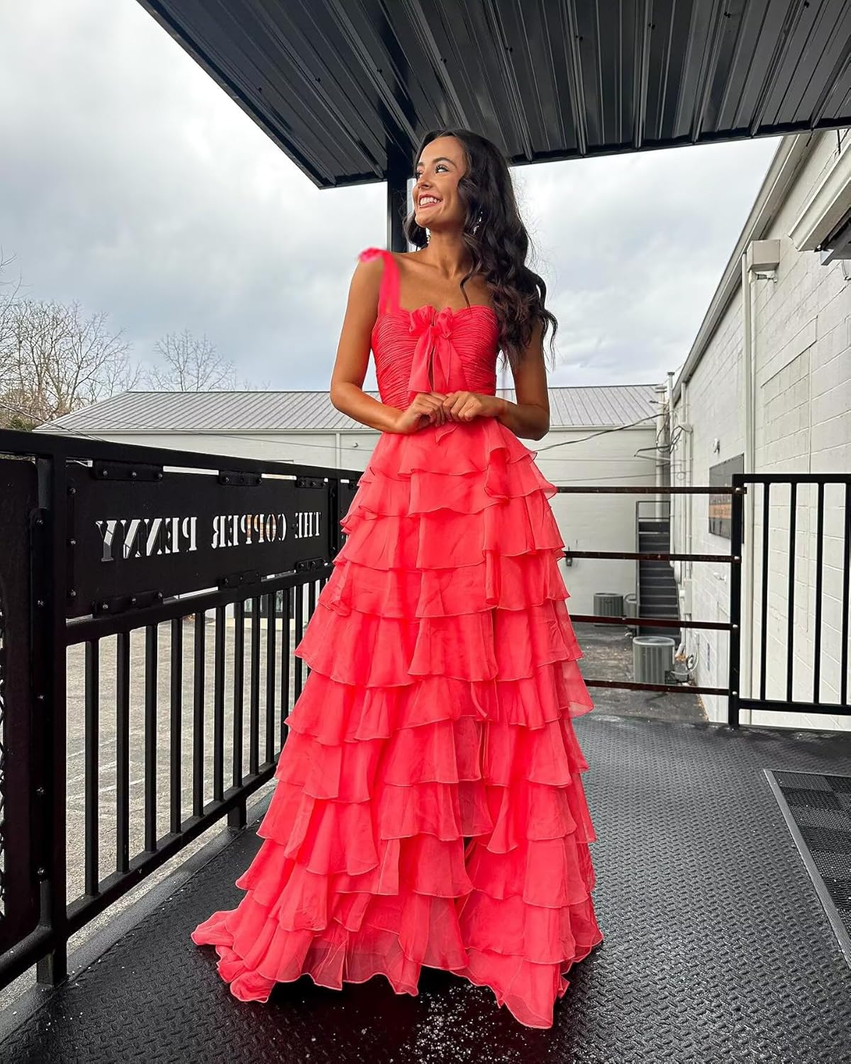 Tiered Prom Dresses with Bow 2026 Spaghetti Straps Long Layered Ruffle Chiffon Ball Gowns with Slit IMR066
