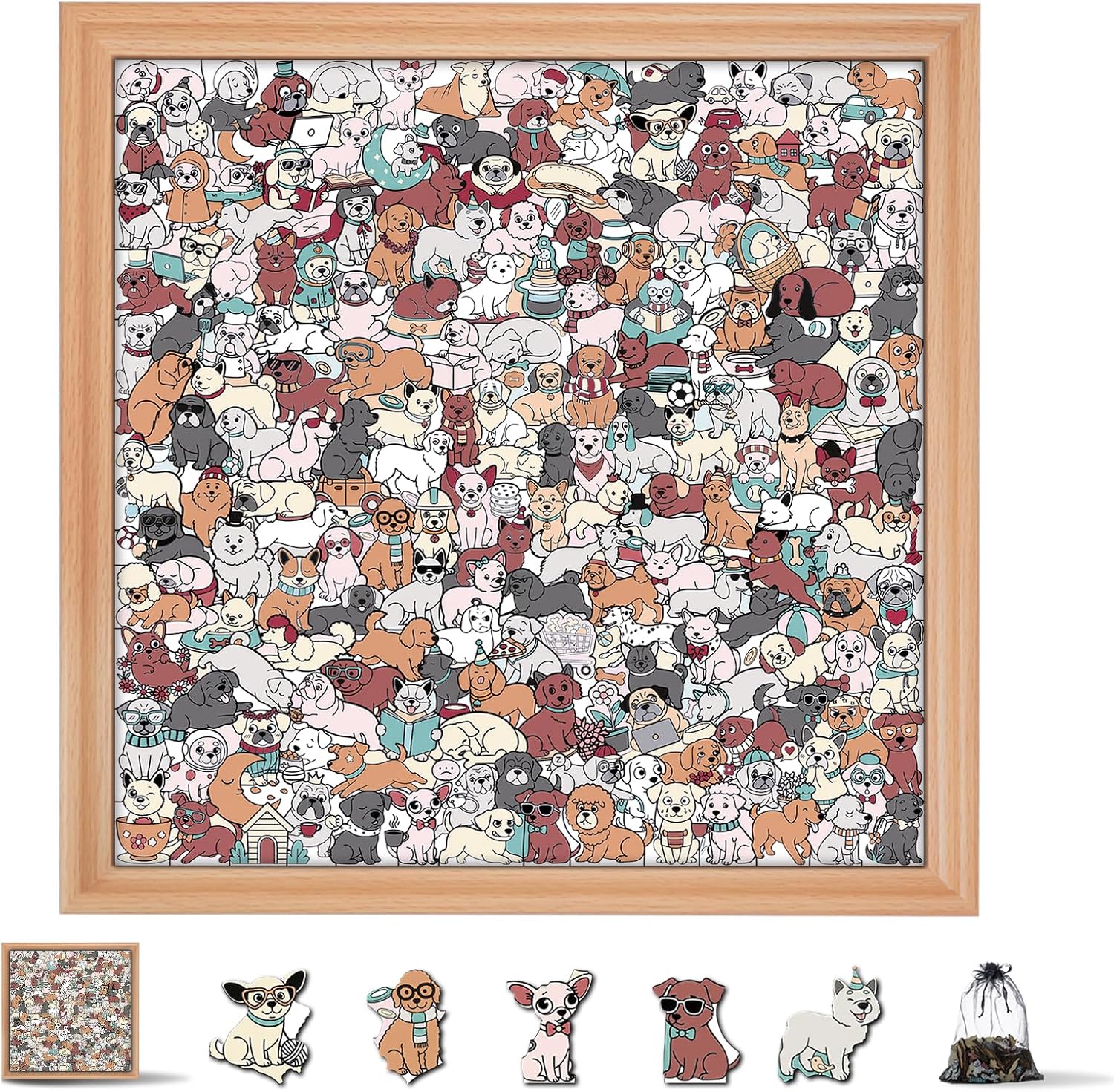 195-Piece Morandi-Colored Dog Shaped Wooden Jigsaw Puzzle - Unique Animal Shape Wooden Puzzles, Cozy Dogs Creative Gifts for Dog Lovers, Relaxing Puzzle & Home Decor