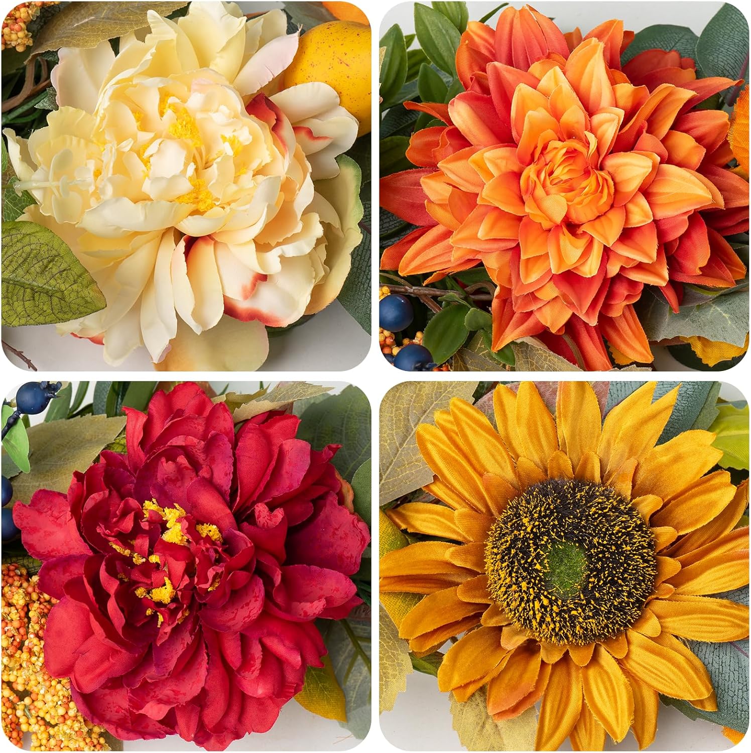 9 FT Fall Garland for Mantle- Fall Leaves Garland with Realistic Pumpkins,Vibrant Dahlia Peony Flowers,Pear,Blueberries and Eucalyptus&Maple Leaf for Fireplace,Thanksgiving Table Centerpiece