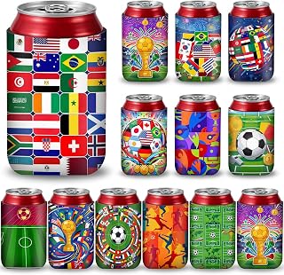 FoldTier 12 Pcs Soccer Can Coolers International Flags Sleeves, 4'' X 4'' | Beer Insulators, Sports Fans Game Day Favors, Keep Drinks Cold, Gifts for Men, Tailgate Watch Celebration Sleeves Supplies