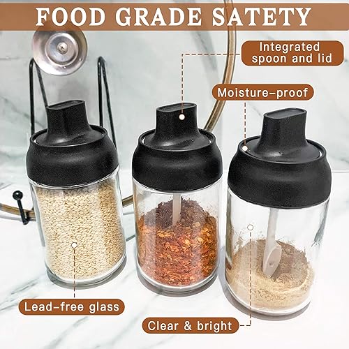Miniatura 3 de Supkiir Contenedores de especias de vidrio, 3 recipientes de vidrio de cocina para condimentos con tapas de 8 onzas, cucharas pequeñas para tarros
