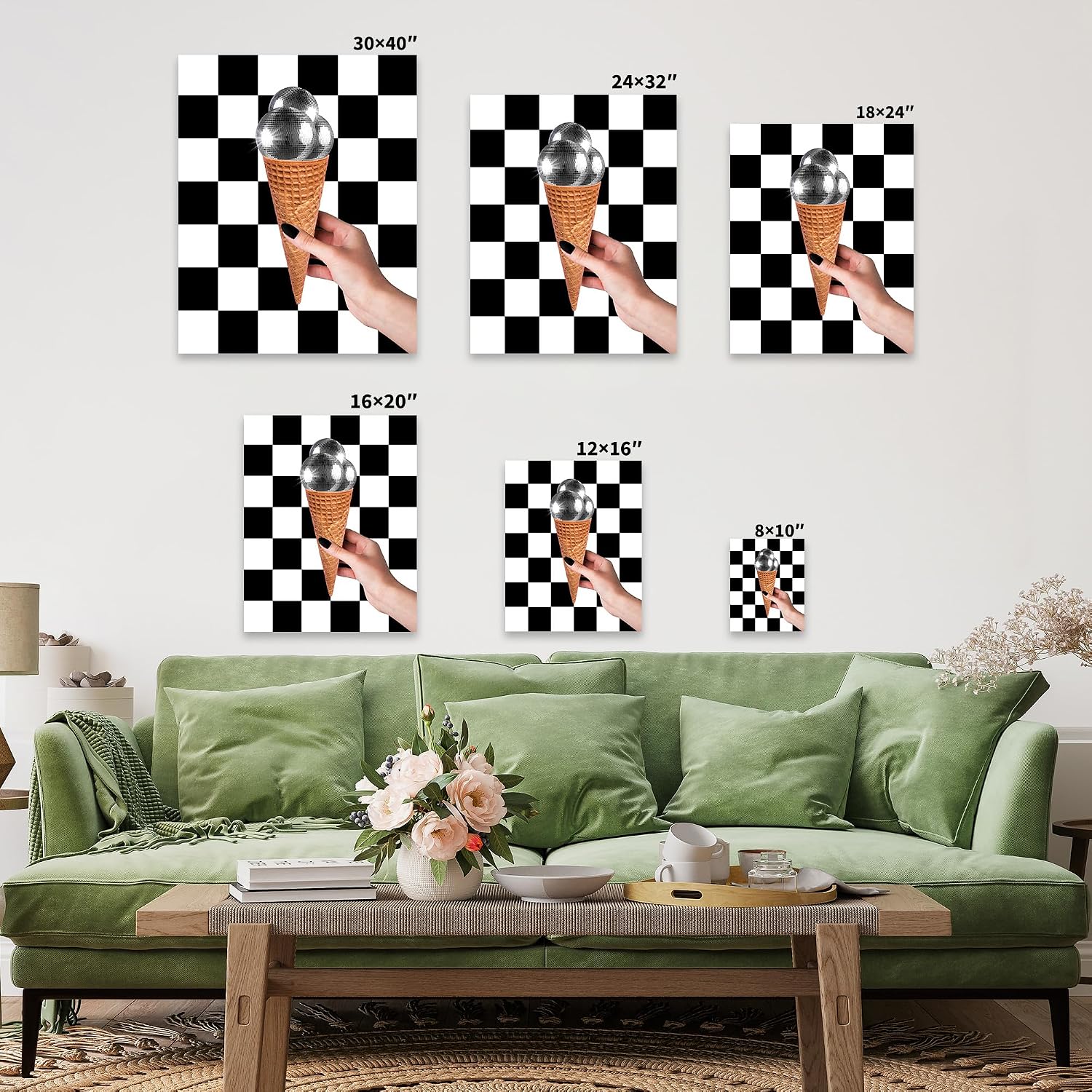 Poster Master Disco Balls Canvas - Retro Ice Cream Cone Print - Modern & Trendy Art - Preppy Checkered Design - Chic Boho Art - Dorm or Kitchen Wall Decor - 8x10 STRETCHED Canvas
