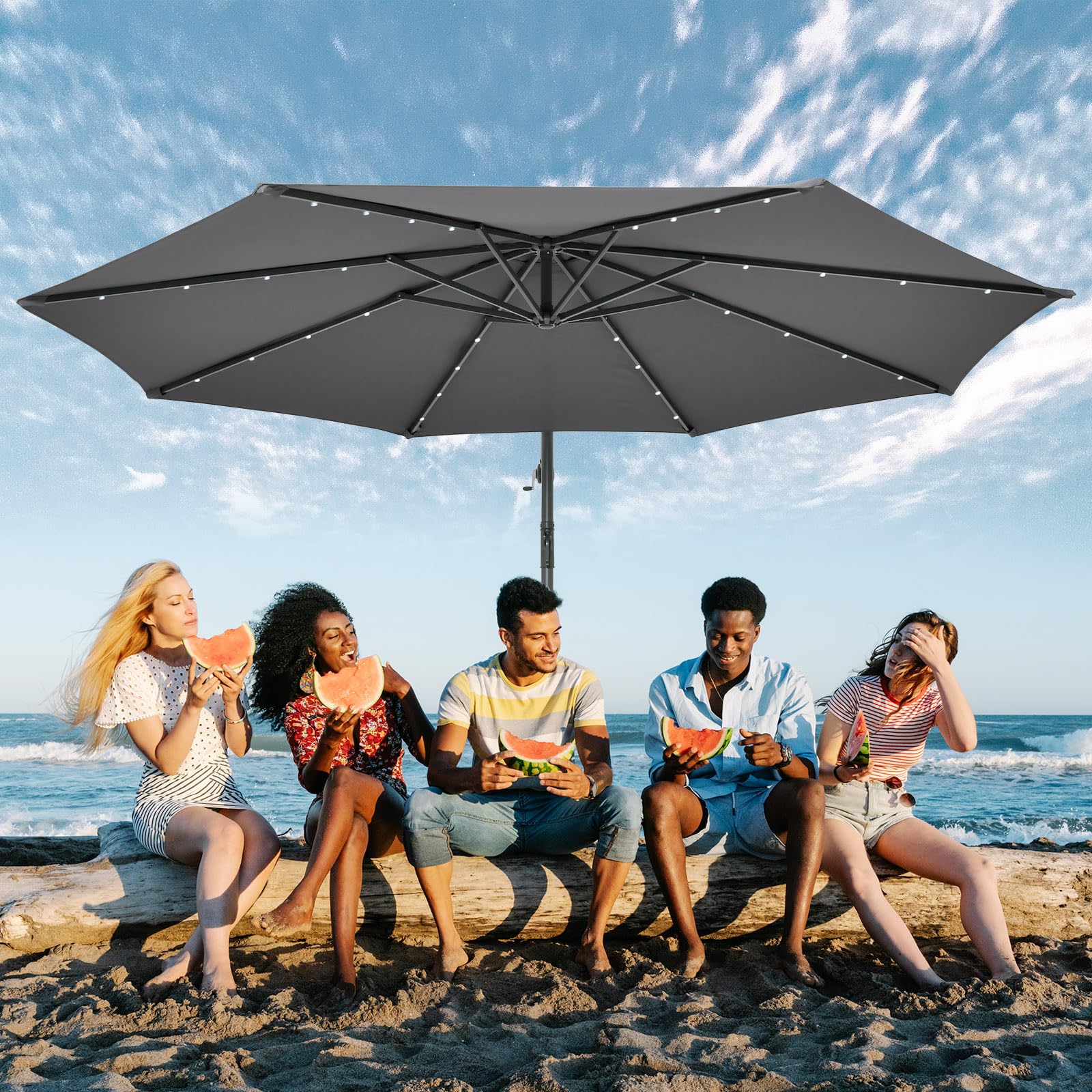 KOMFOTTEU Parasol Déporté Rond 3x3M inclinable, avec Pied & LED