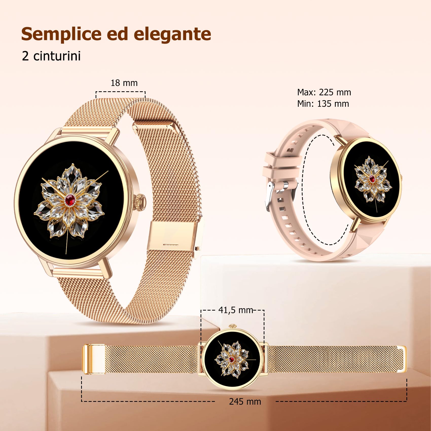IOWODO Smartwatch Donna Elegante 1.26" con Cinturino Milanese, Ultra Leggero 62g, Chiamate Bluetooth, Salute Femminile, Assistente Vocale AI, IP68, 100+ Modalità Sportive, Compatibile Android e iOS
