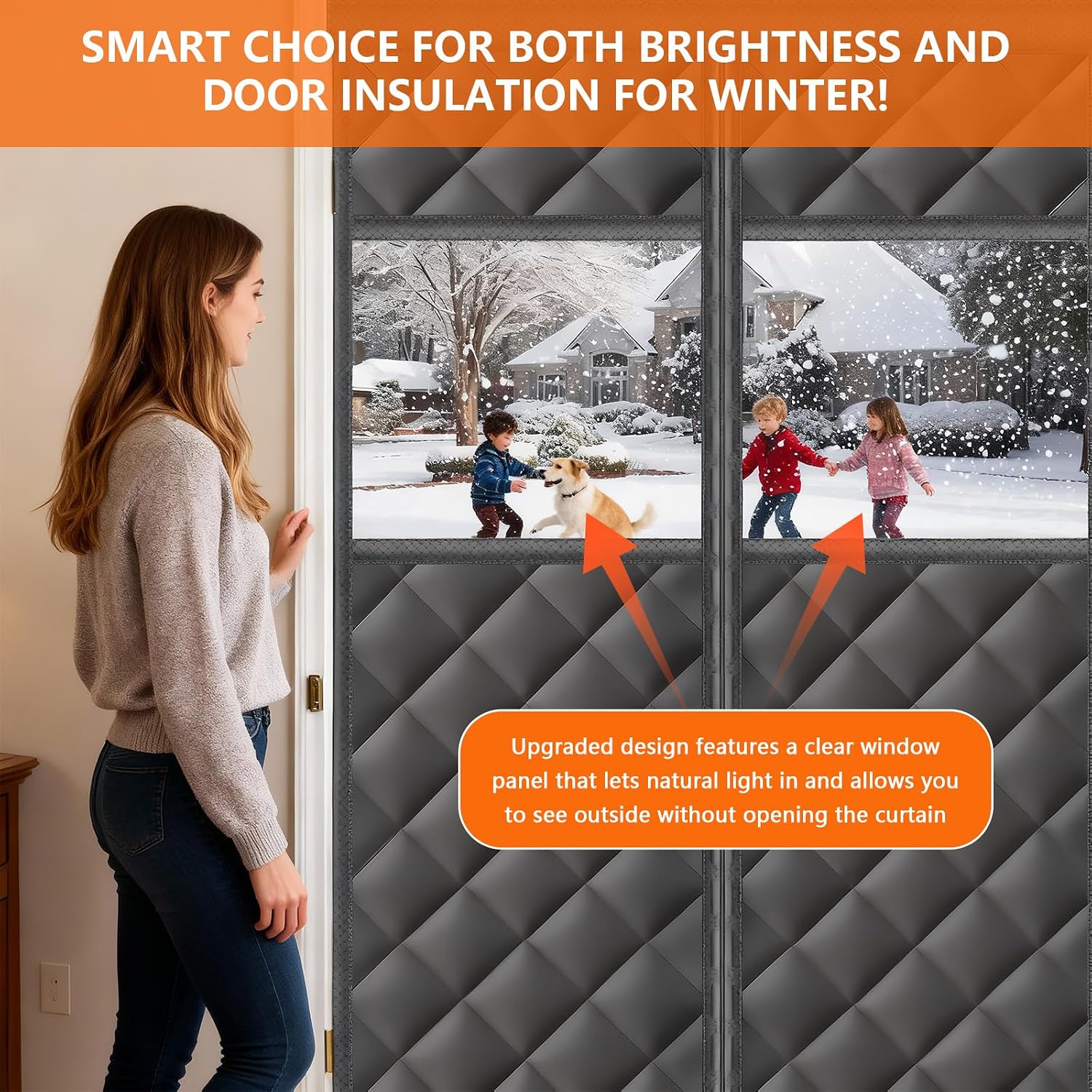 Magnetic Thermal Insulated Door Curtain, Oxford Cloth Filled with Thickened Cotton, Fits Door Size 32“ x 80” Windproof Door Screen with Visible Window, Winter Door Cover Curtain Keeps Cold Drafts Out