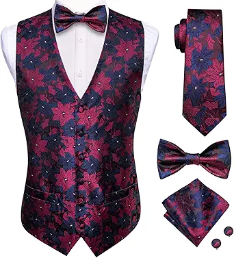 Hi-Tie Mens 5PCS Suit Vest Tie and Pre/Self Bowtie Set Silk Waistcoat Necktie Pocket Square Cufflinks Gifts Wedding Formal